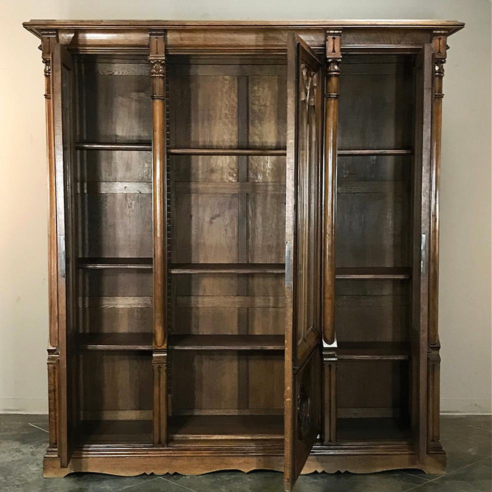 19th Century Antique Gothic French Walnut Triple Bookcase 3