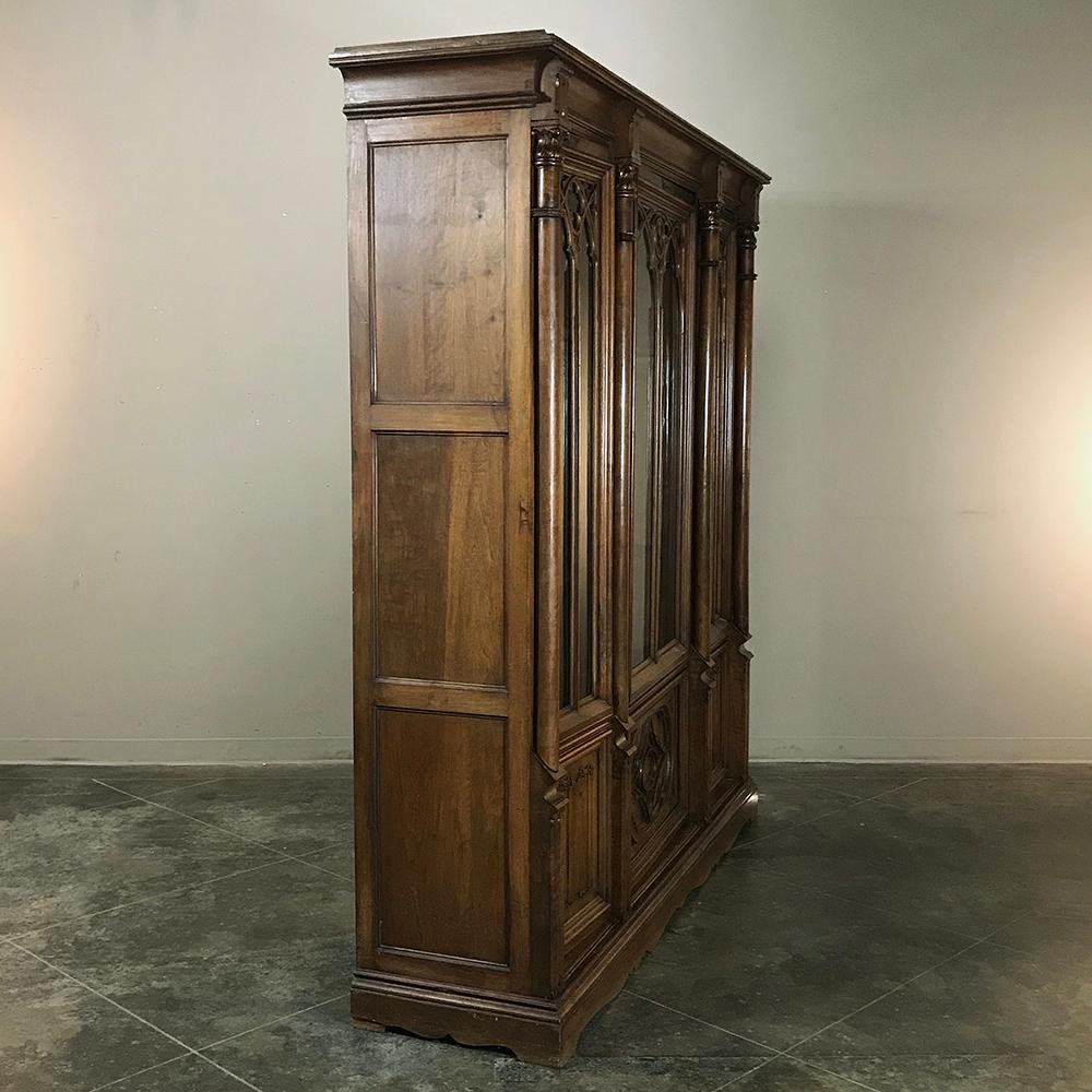 Gothic Revival 19th Century Antique Gothic French Walnut Triple Bookcase
