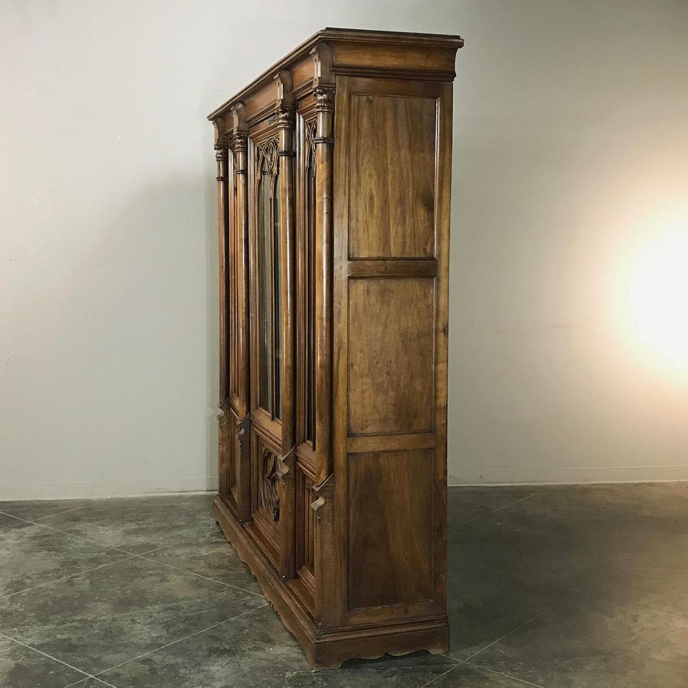 Hand-Carved 19th Century Antique Gothic French Walnut Triple Bookcase