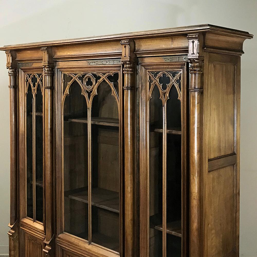 Late 19th Century 19th Century Antique Gothic French Walnut Triple Bookcase
