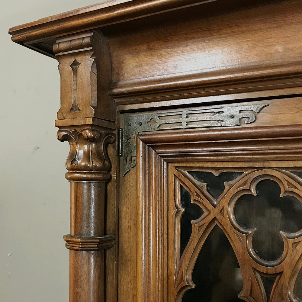 19th Century Antique Gothic French Walnut Triple Bookcase 1