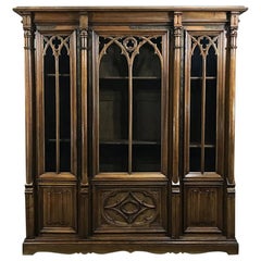 19th Century Antique Gothic French Walnut Triple Bookcase