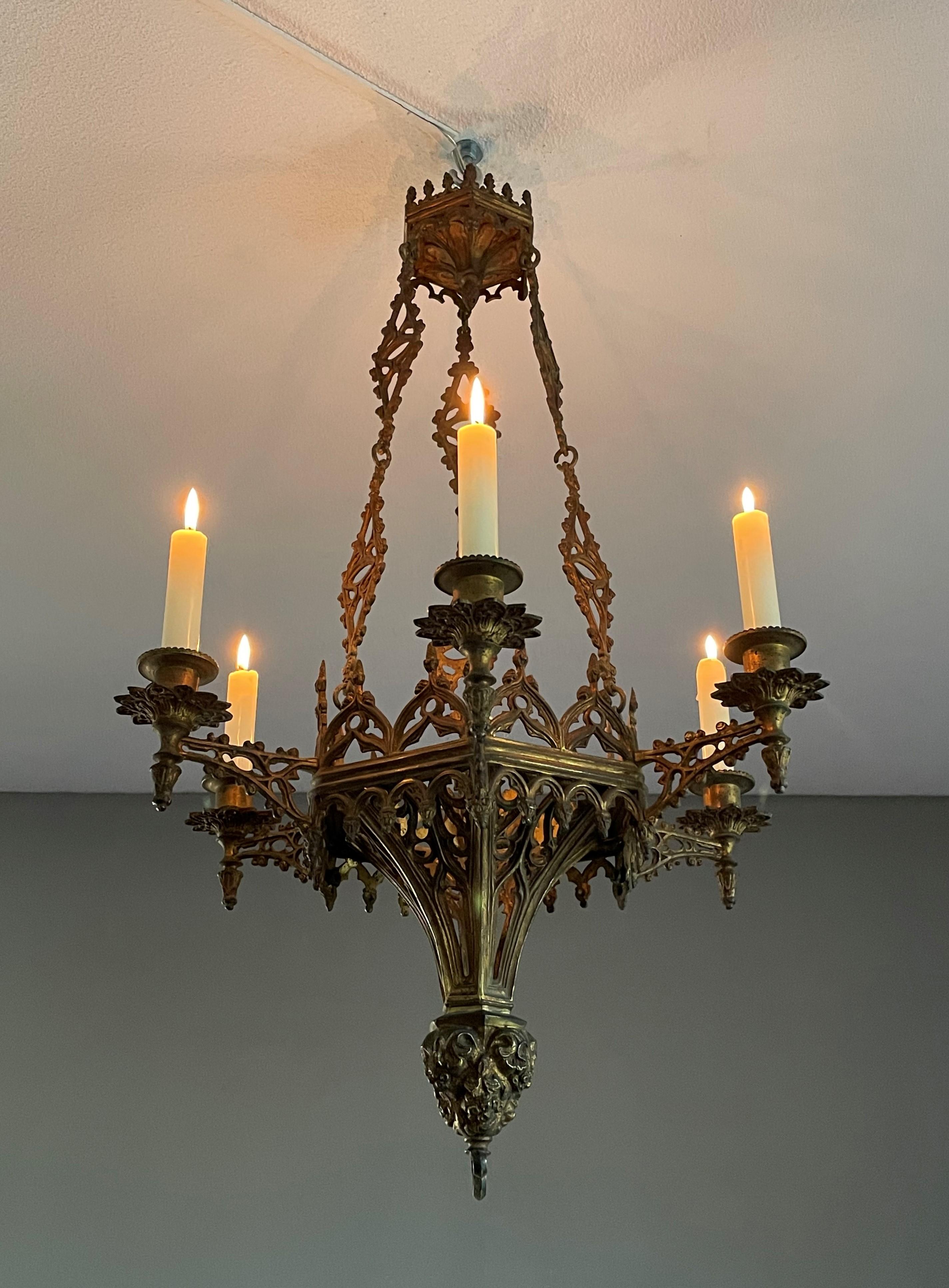 19th Century Antique Gothic Revival, Gilt Bronze Six Candle Church Chandelier 7