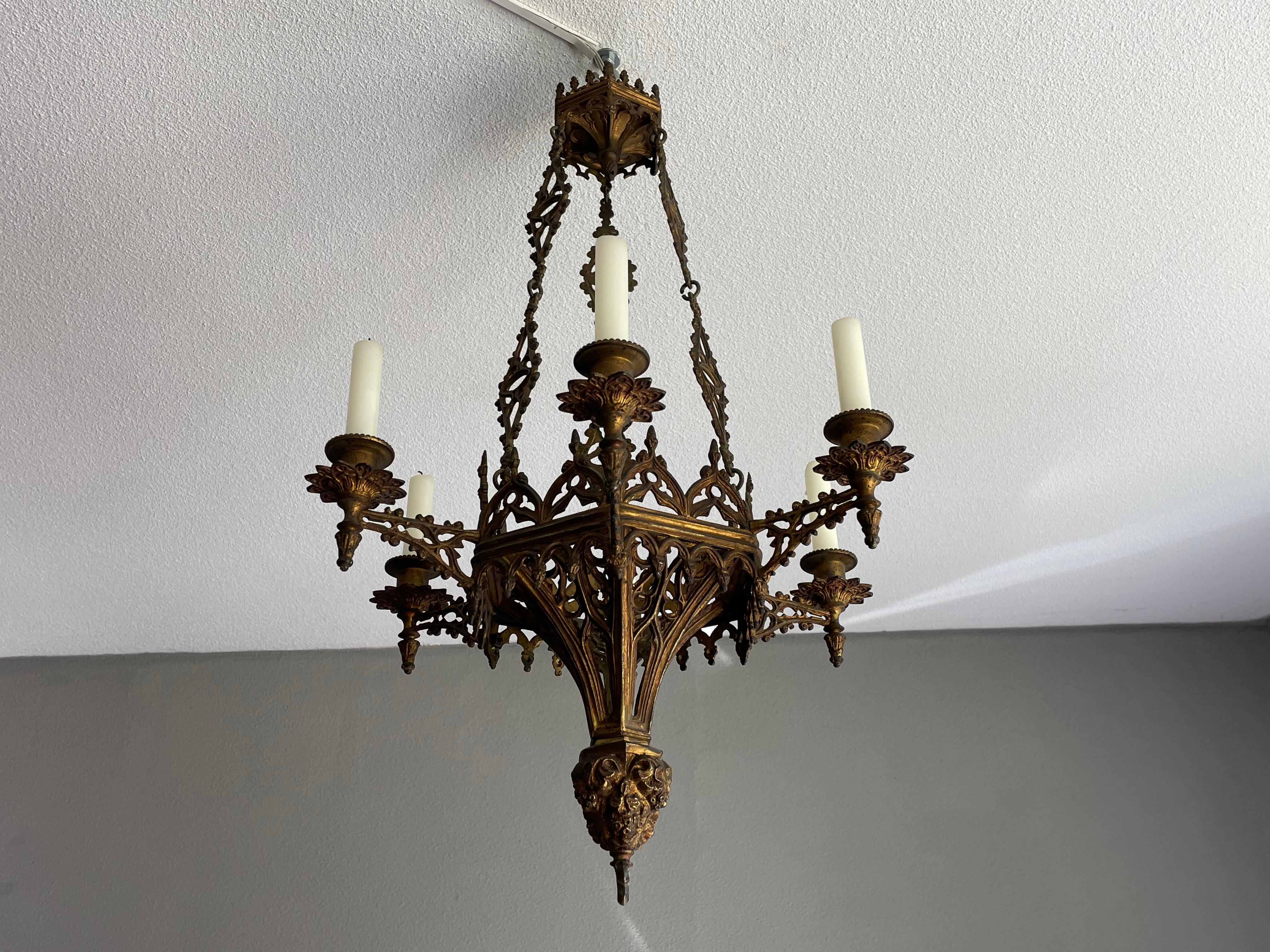 19th Century Antique Gothic Revival, Gilt Bronze Six Candle Church Chandelier 8