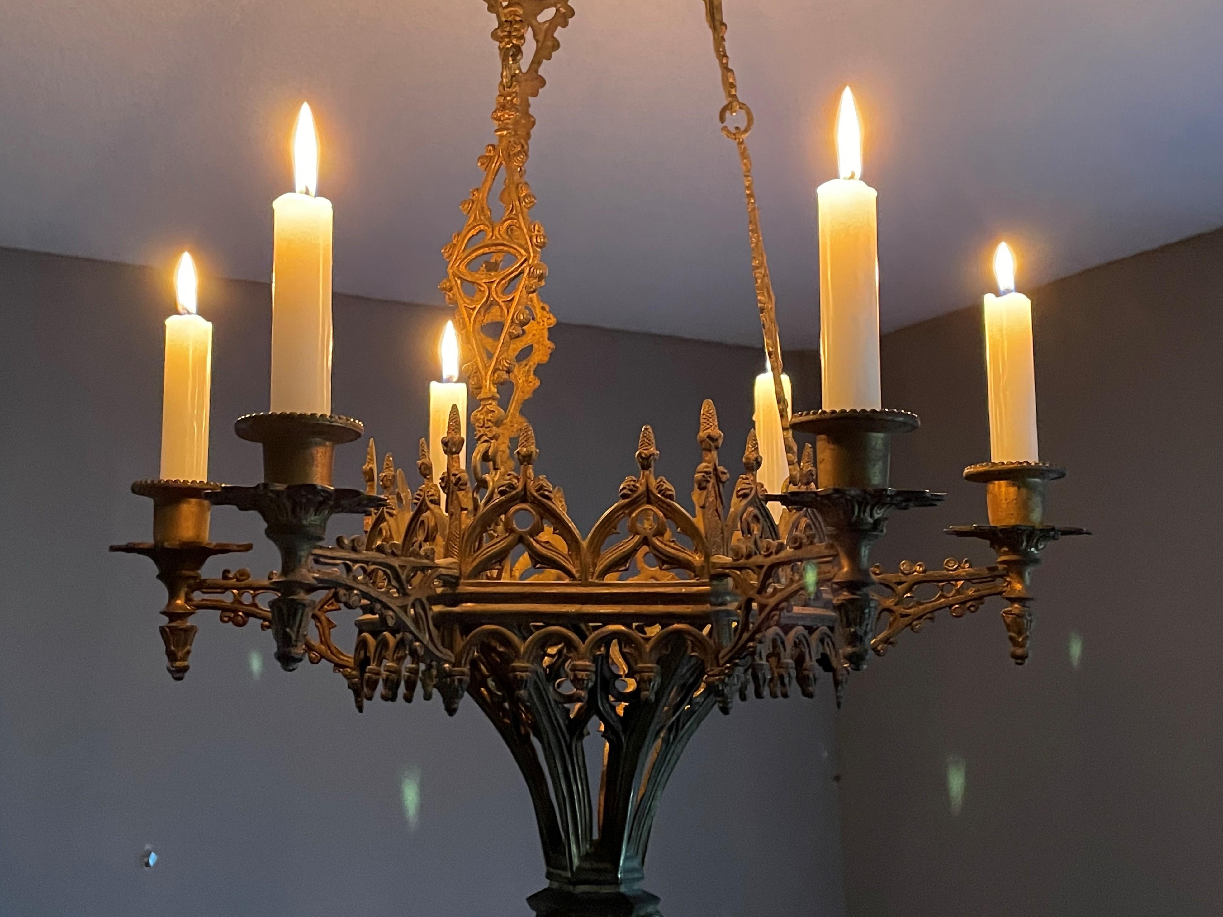 19th Century Antique Gothic Revival, Gilt Bronze Six Candle Church Chandelier 11