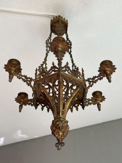 19th Century Antique Gothic Revival, Gilt Bronze Six Candle Church Chandelier