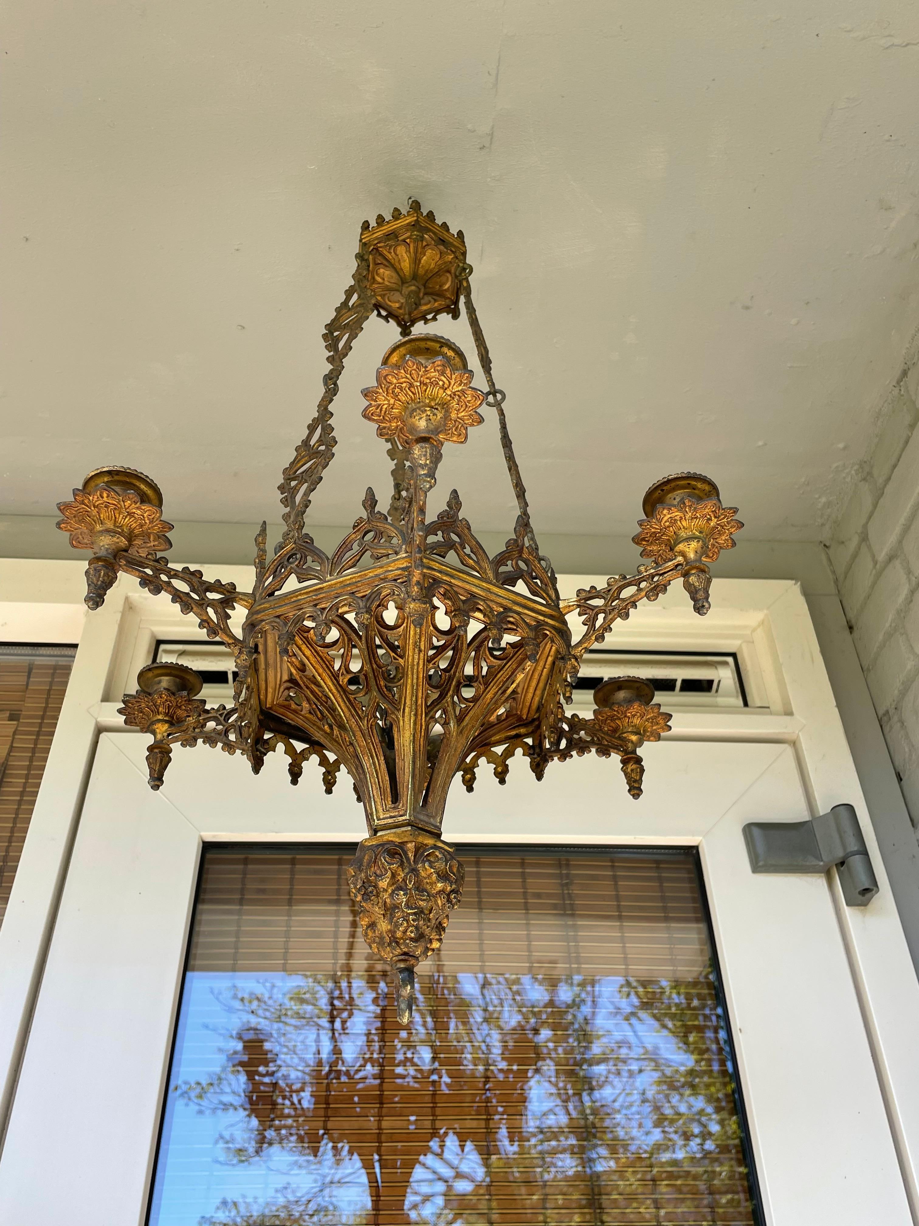 19th Century Antique Gothic Revival, Gilt Bronze Six Candle Church Chandelier 12