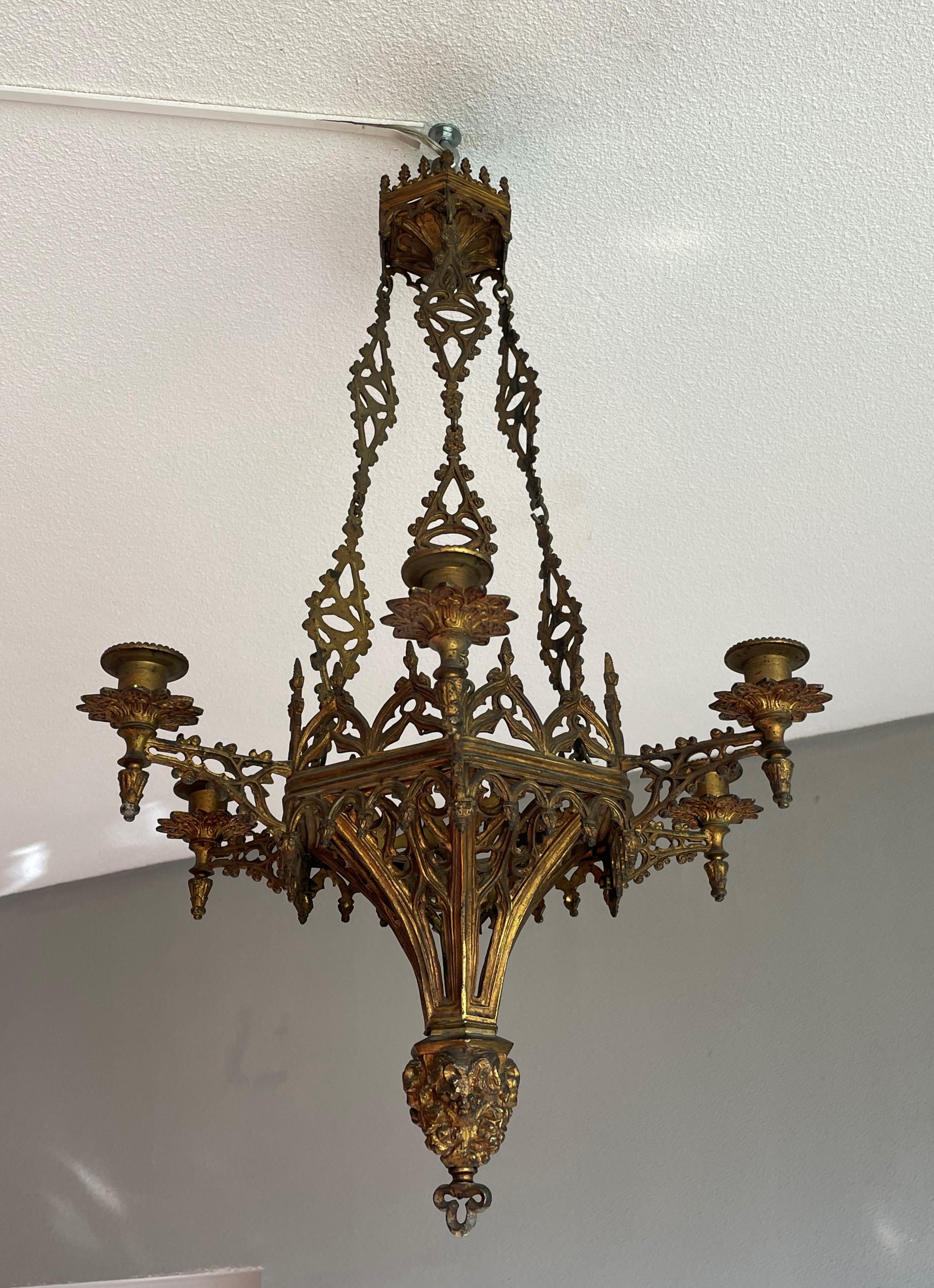 French 19th Century Antique Gothic Revival, Gilt Bronze Six Candle Church Chandelier