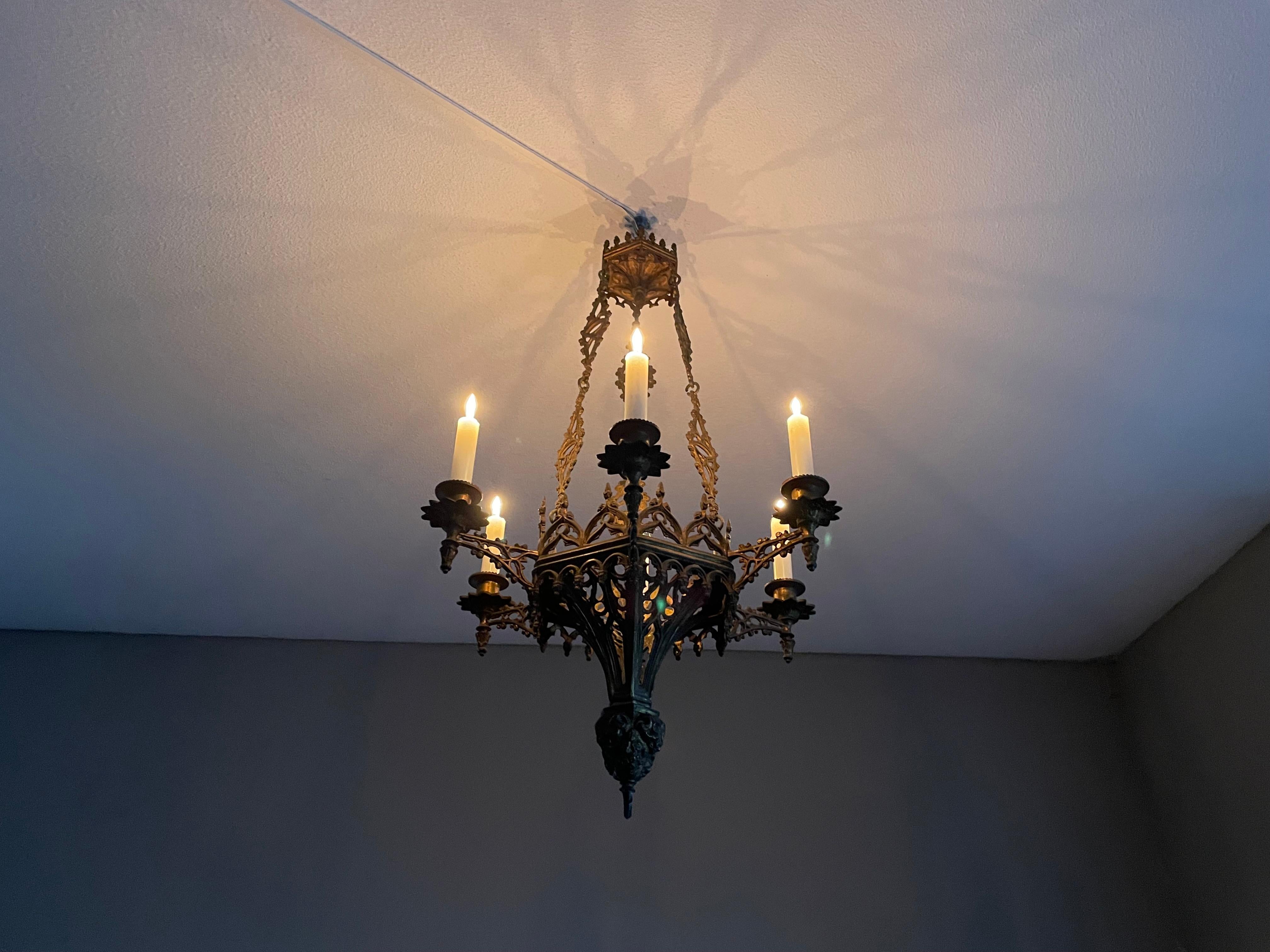 19th Century Antique Gothic Revival, Gilt Bronze Six Candle Church Chandelier In Excellent Condition In Lisse, NL