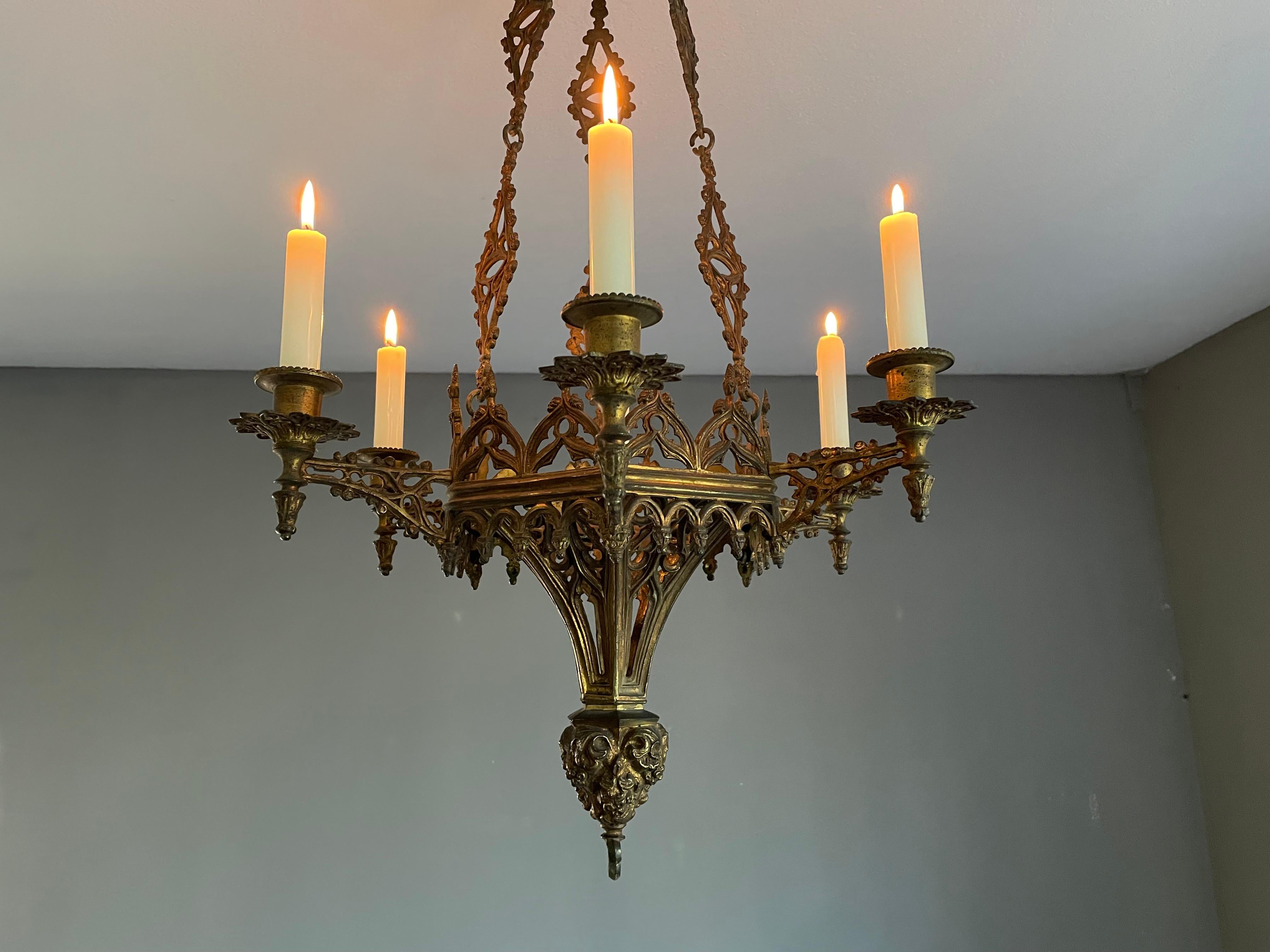 Metal 19th Century Antique Gothic Revival, Gilt Bronze Six Candle Church Chandelier