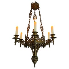 19th Century Antique Gothic Revival, Gilt Bronze Six Candle Church Chandelier