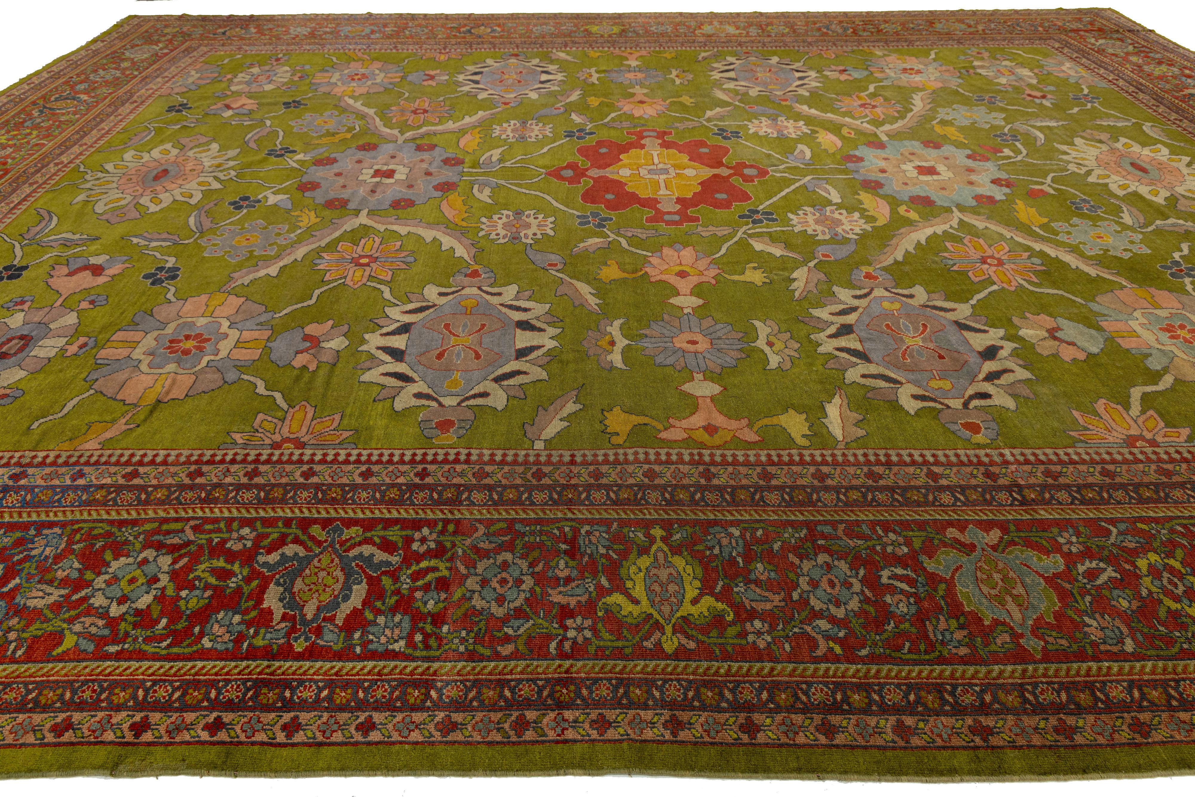 Tapis persan Mahal ancien du 19ème siècle en laine à fleurs vertes fait à la main en vente 7