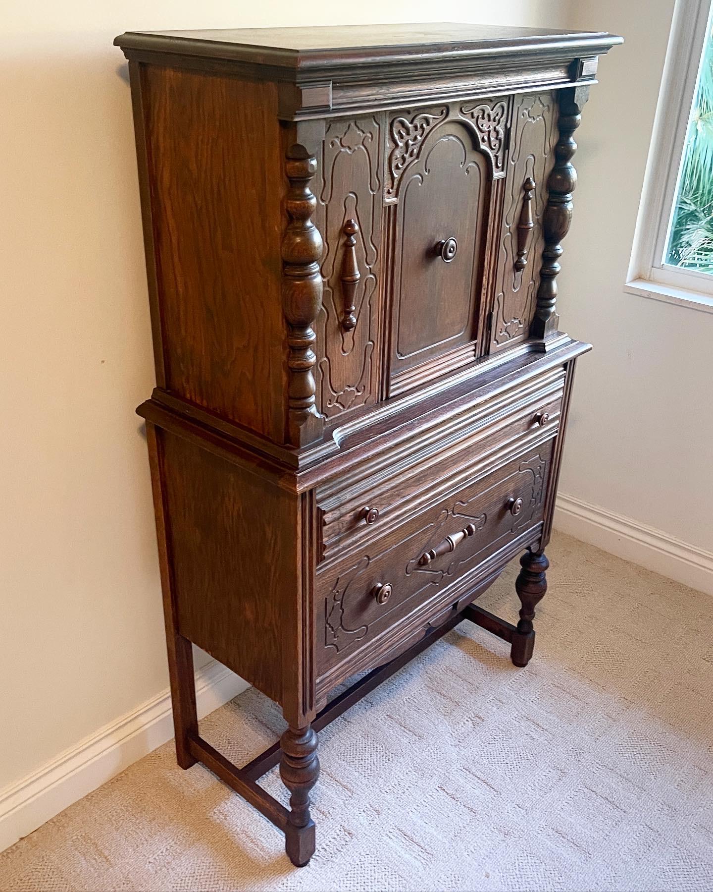 Wood 19th Century Antique Hand Carved Cabinet For Sale