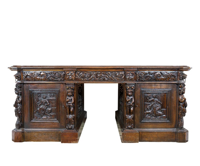 19th Century Antique Hand Carved French Oak Leather Top Partner S