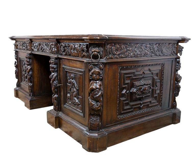 19th Century Antique Hand Carved French Oak Leather Top Partner S