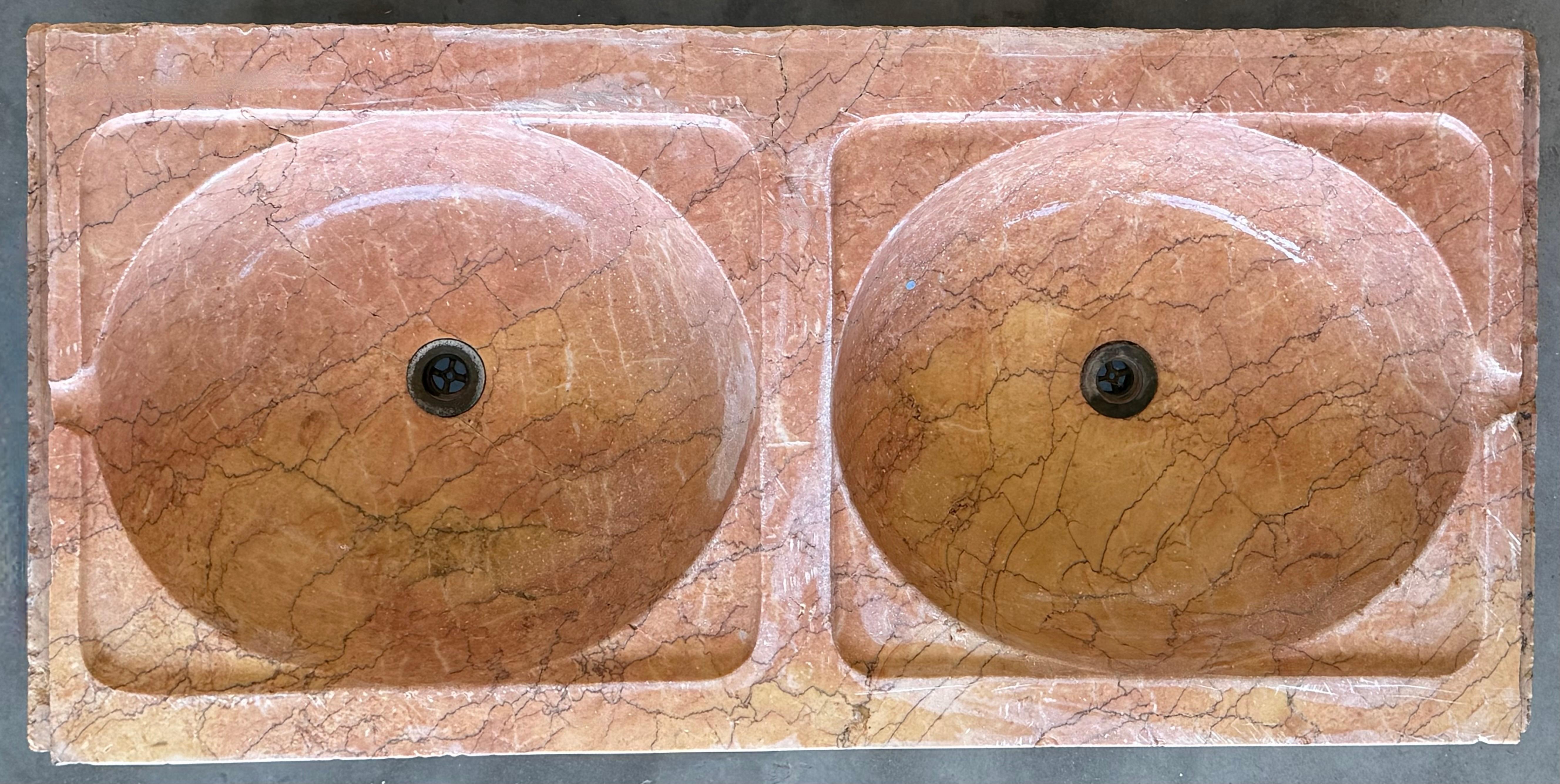 Neoclassical 19th Century Antique Hand Carved Pink Marble Double Basin Kitchen Sink For Sale