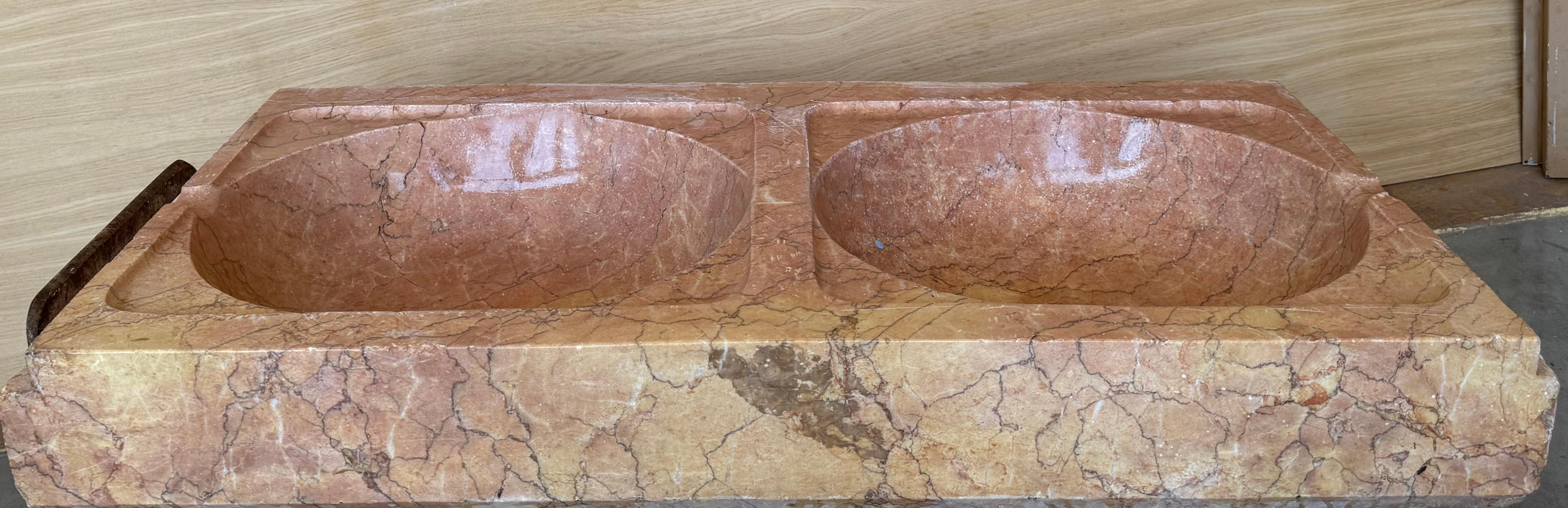 Spanish 19th Century Antique Hand Carved Pink Marble Double Basin Kitchen Sink For Sale