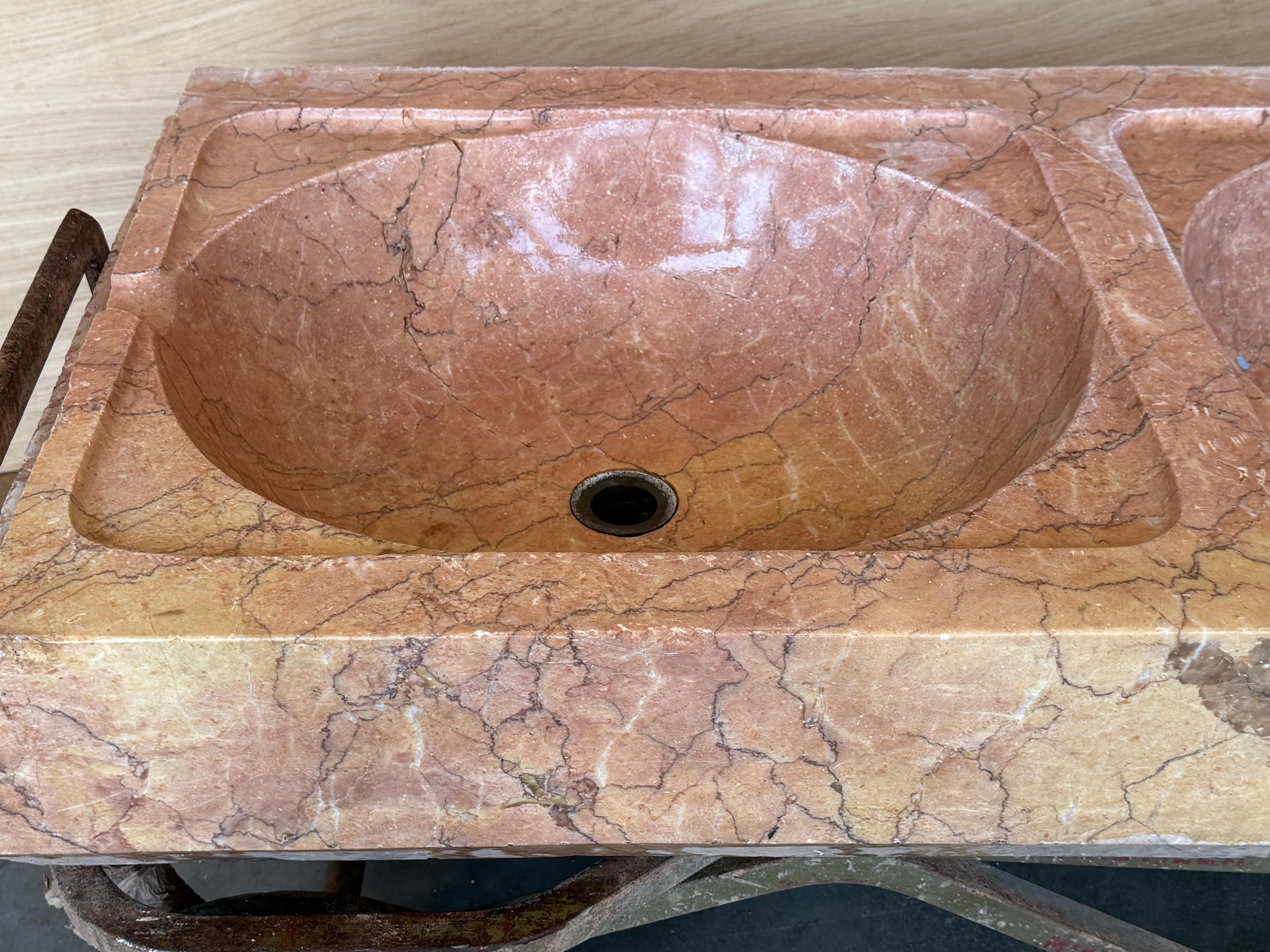 19th Century Antique Hand Carved Pink Marble Double Basin Kitchen Sink In Good Condition For Sale In Miami, FL