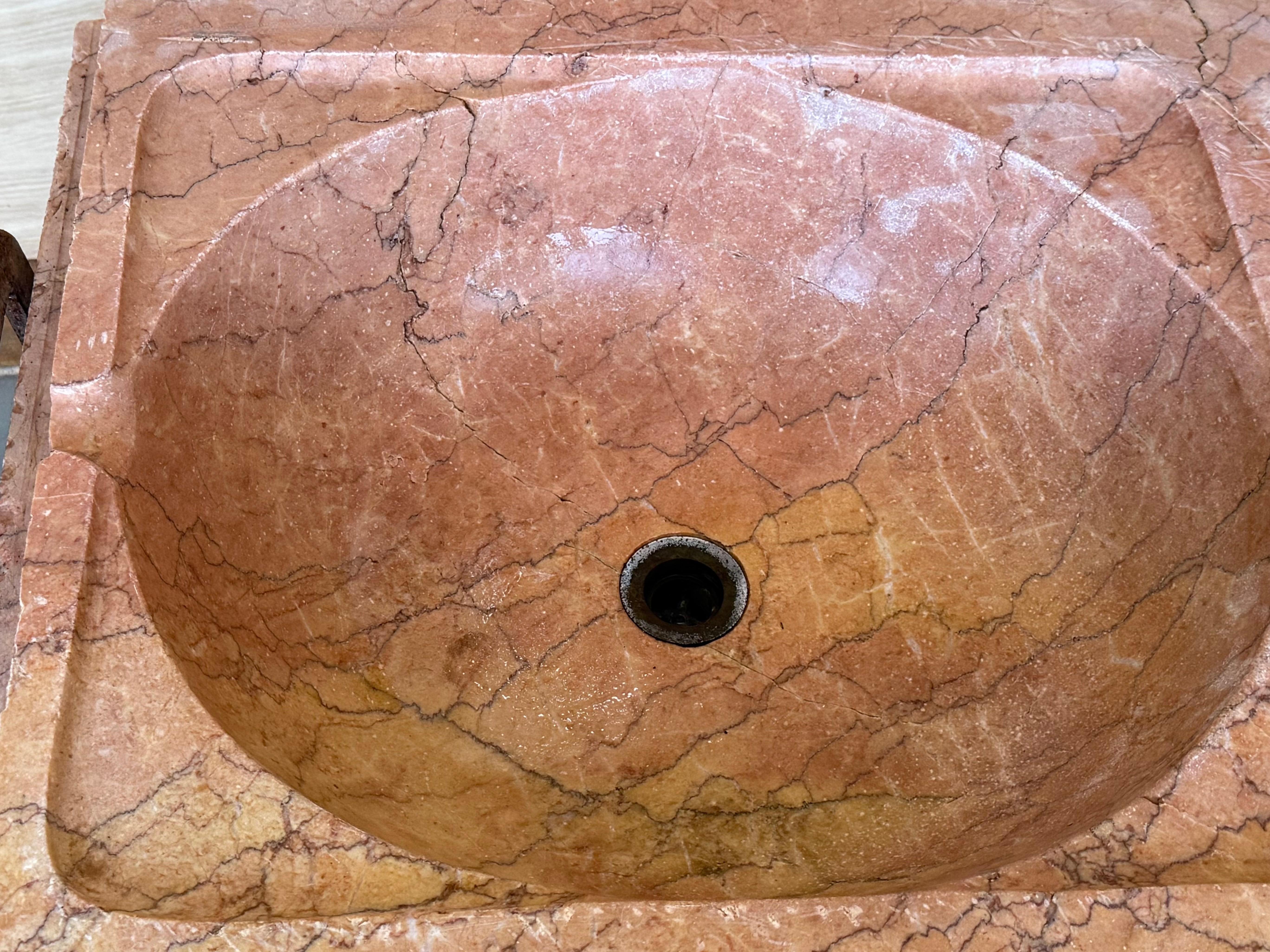 Stone 19th Century Antique Hand Carved Pink Marble Double Basin Kitchen Sink For Sale