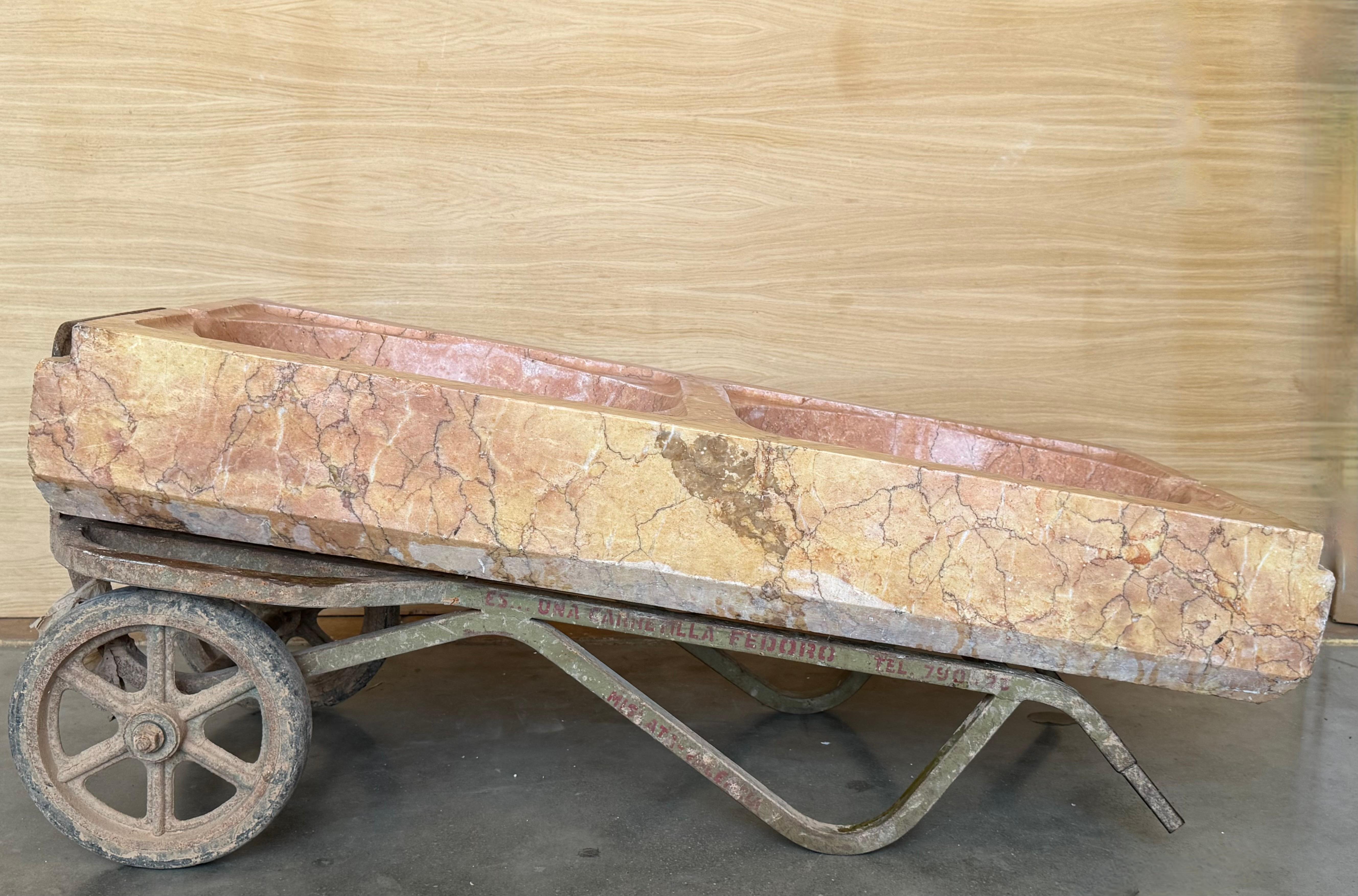 19th Century Antique Hand Carved Pink Marble Double Basin Kitchen Sink For Sale 1