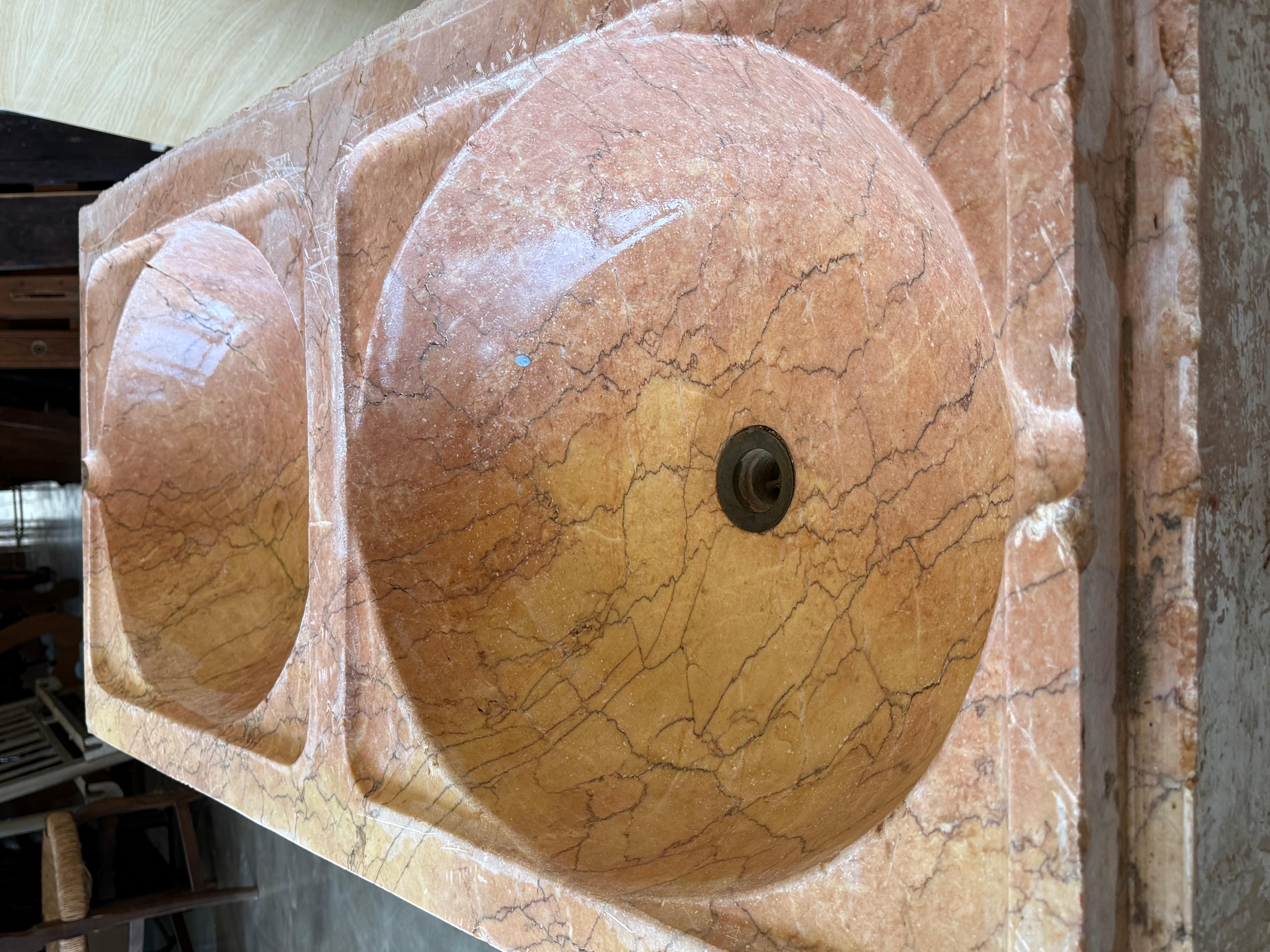 19th Century Antique Hand Carved Pink Marble Double Basin Kitchen Sink For Sale 3