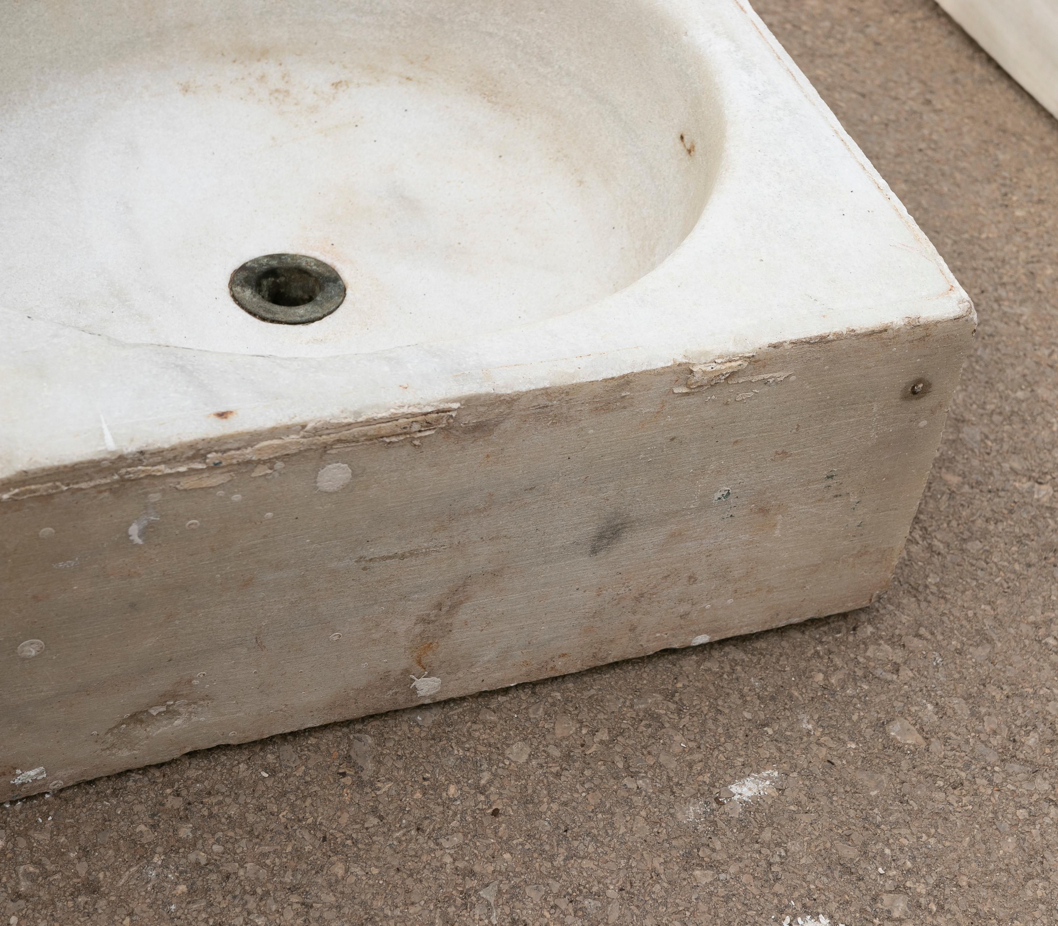 19th Century Antique Hand Carved White Marble Double Basin Kitchen Sink For Sale 5