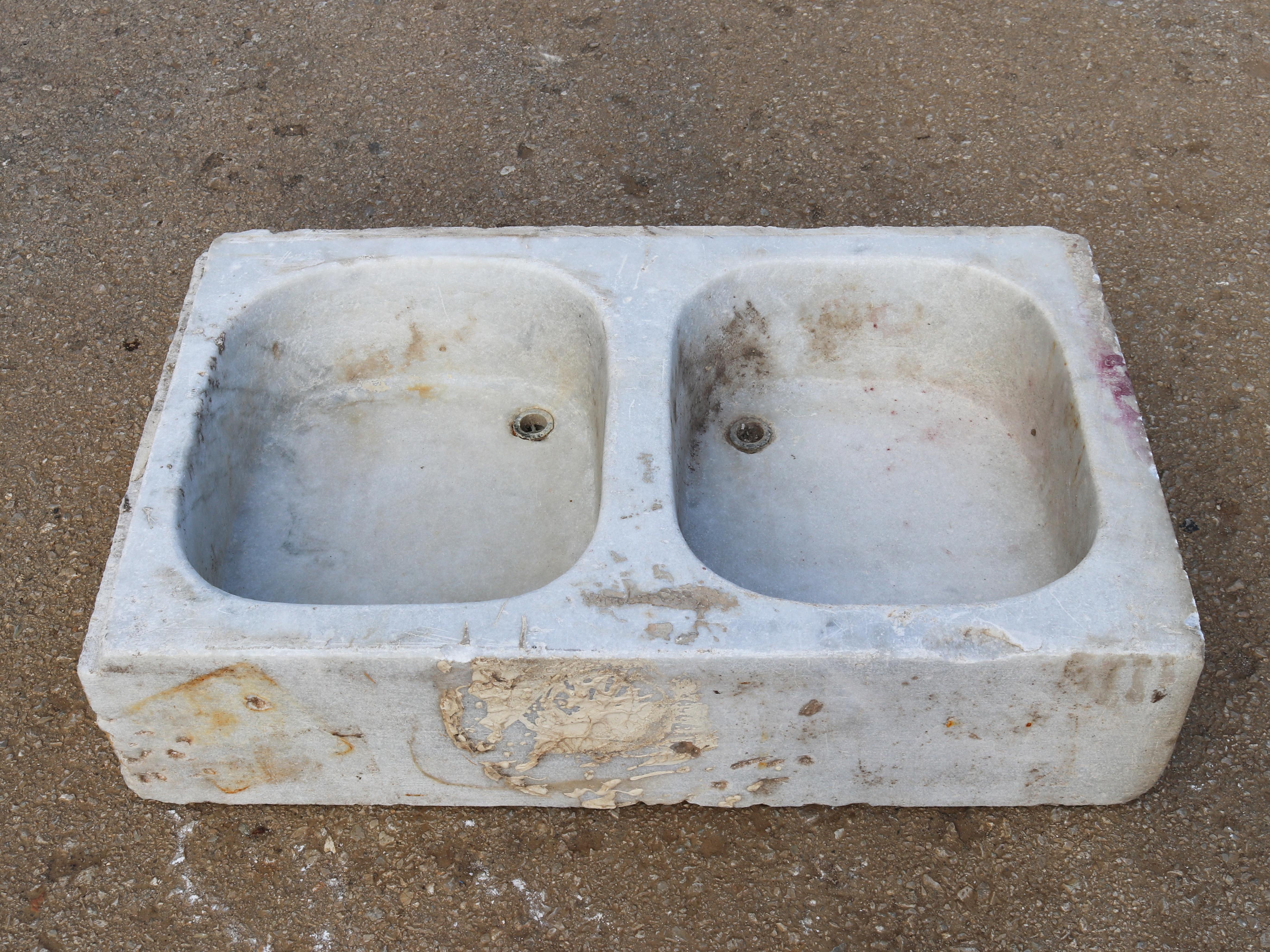 19th century antique hand carved white marble double basin kitchen sink.