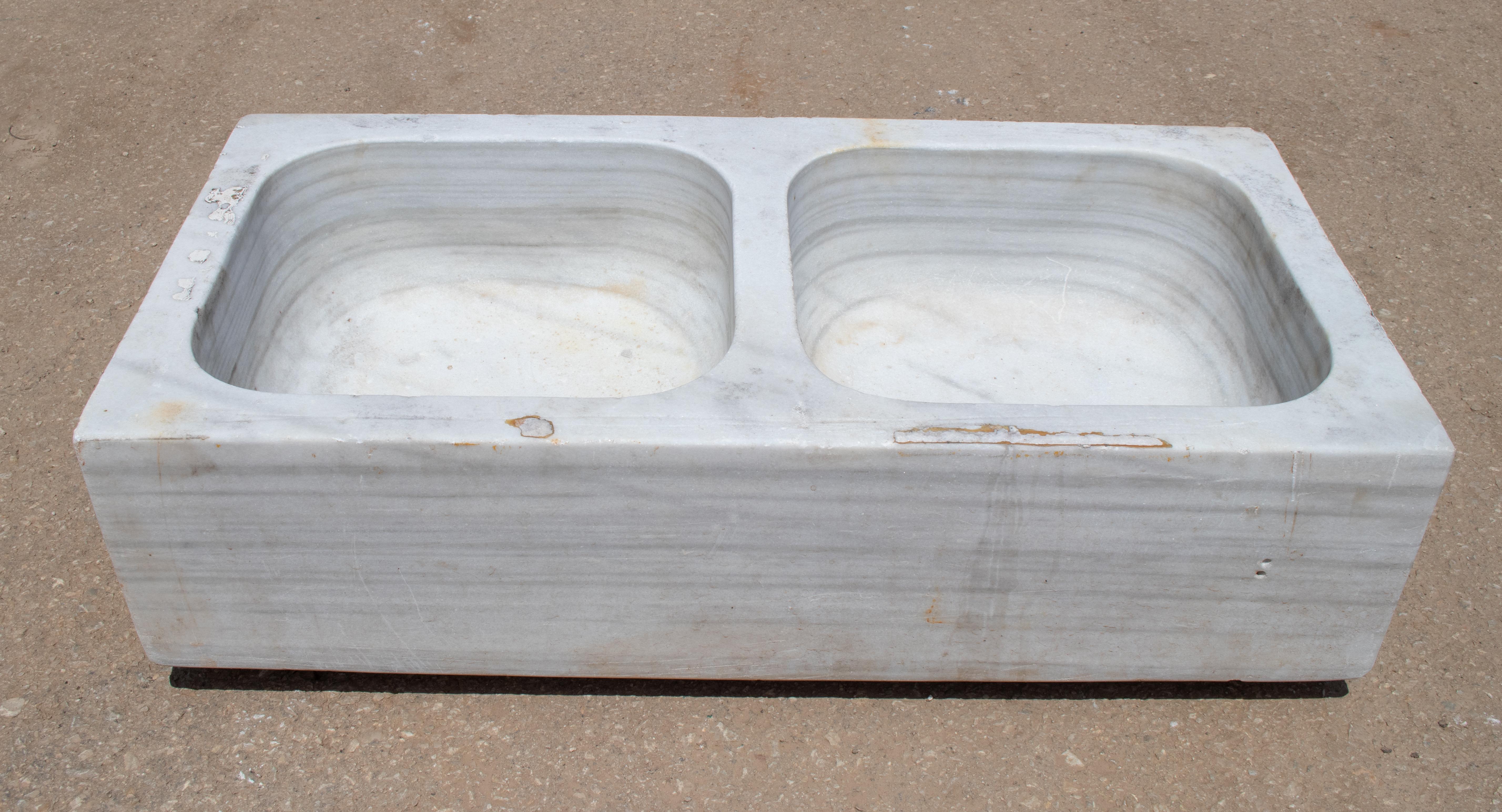 19th century antique hand carved white marble double basin kitchen sink.