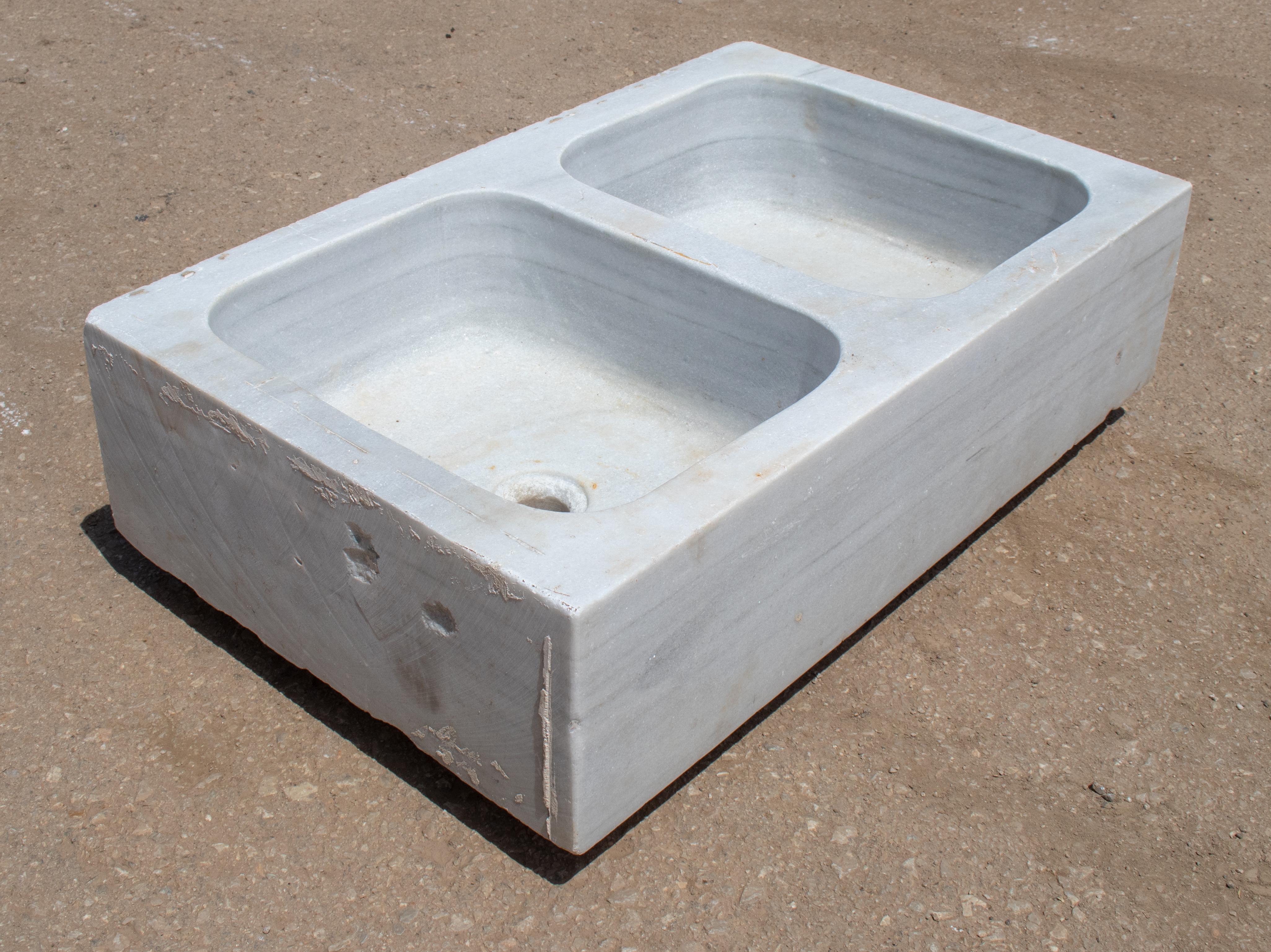 19th century antique hand carved white marble double basin kitchen sink.