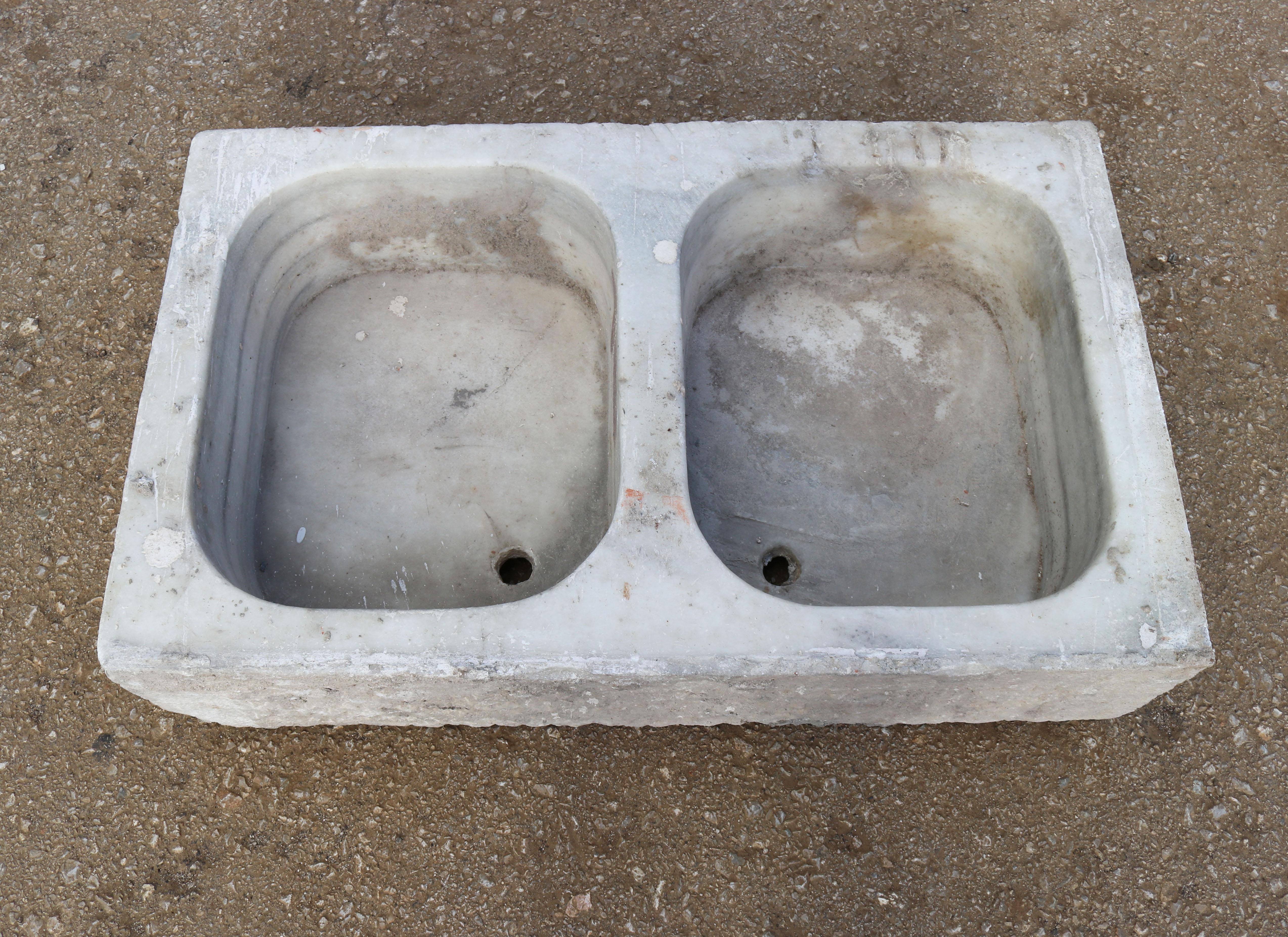Spanish 19th Century Antique Hand Carved White Marble Double Basin Kitchen Sink