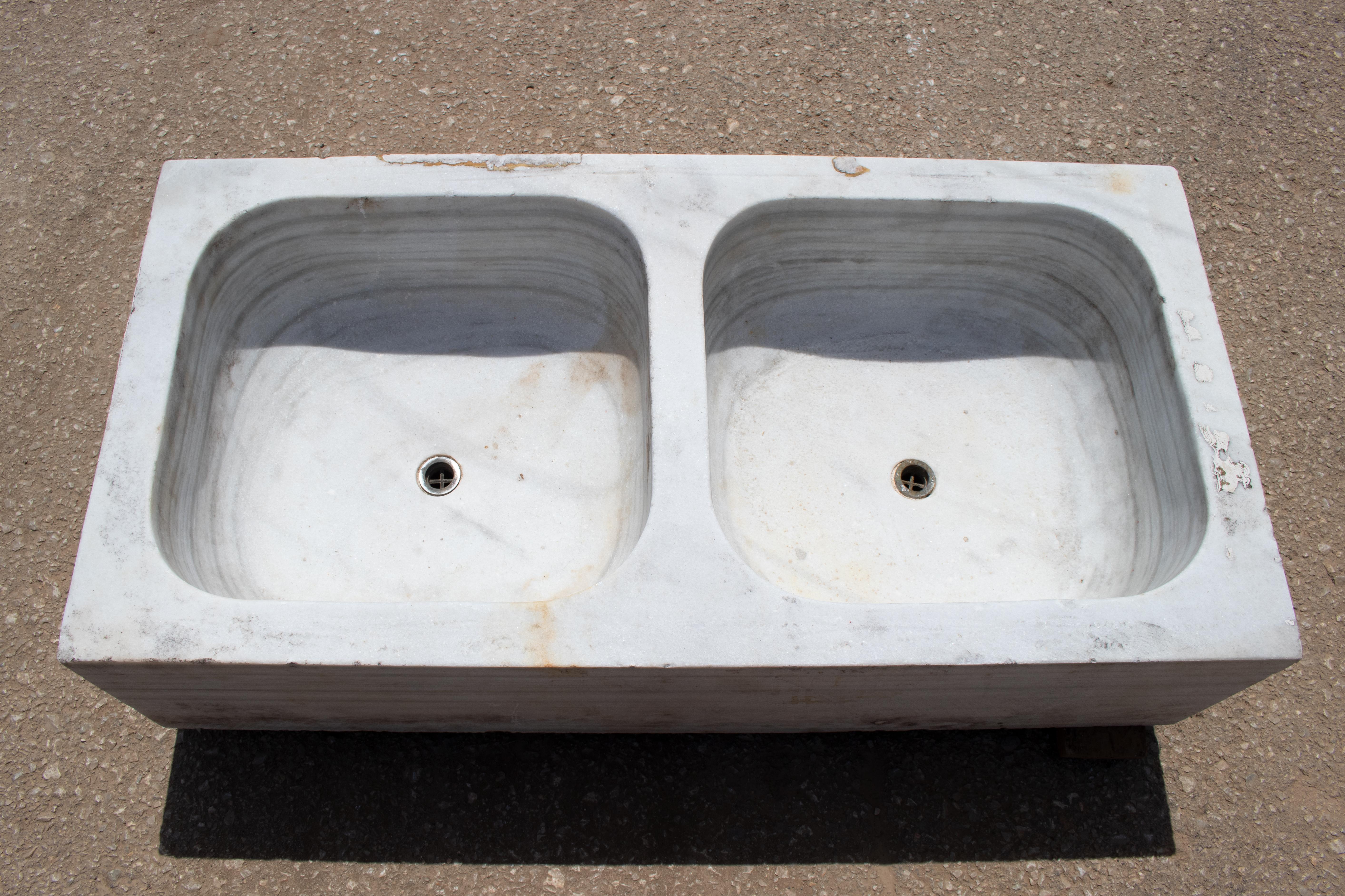 Spanish 19th Century Antique Hand Carved White Marble Double Basin Kitchen Sink