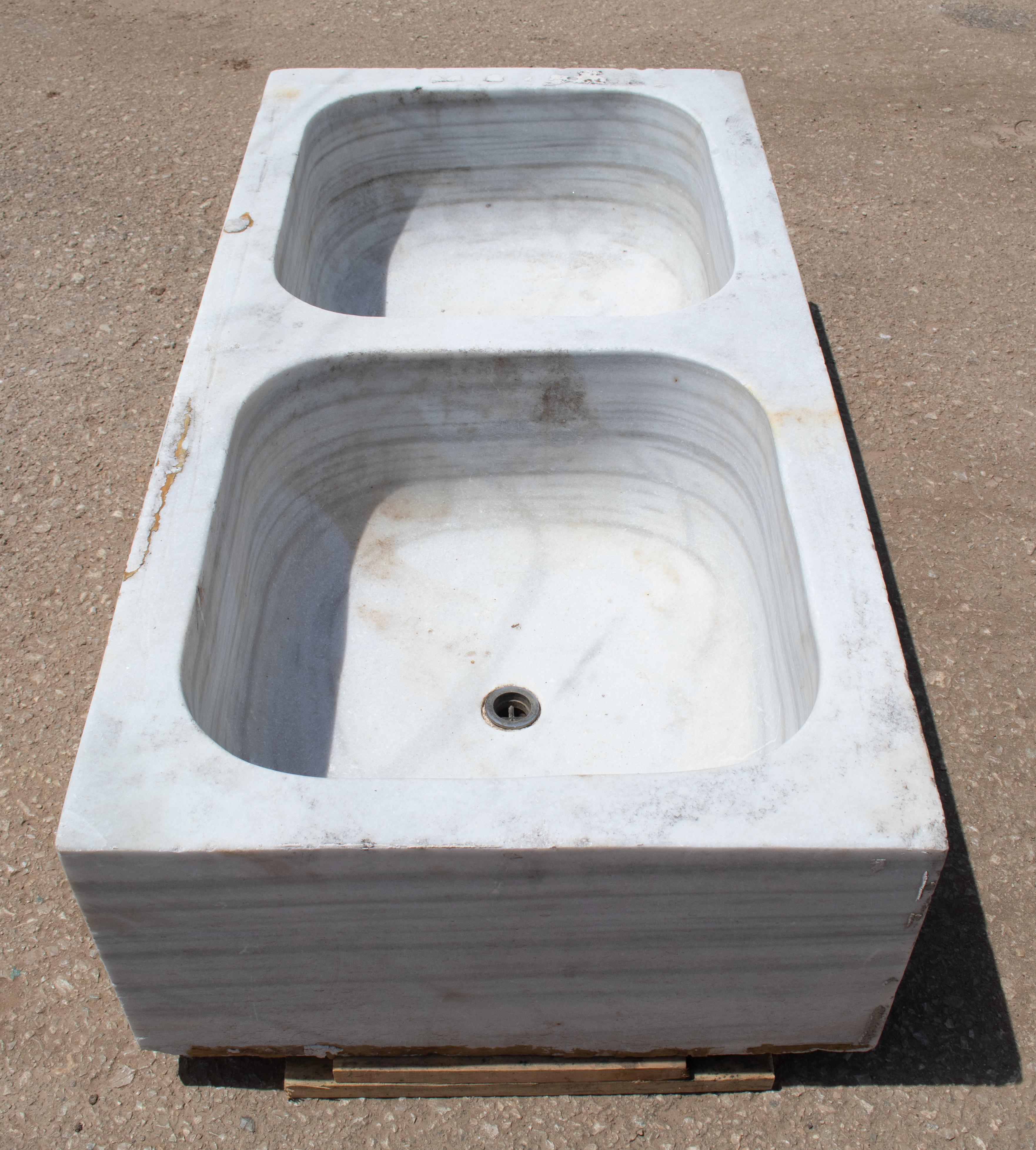 19th Century Antique Hand Carved White Marble Double Basin Kitchen Sink 1