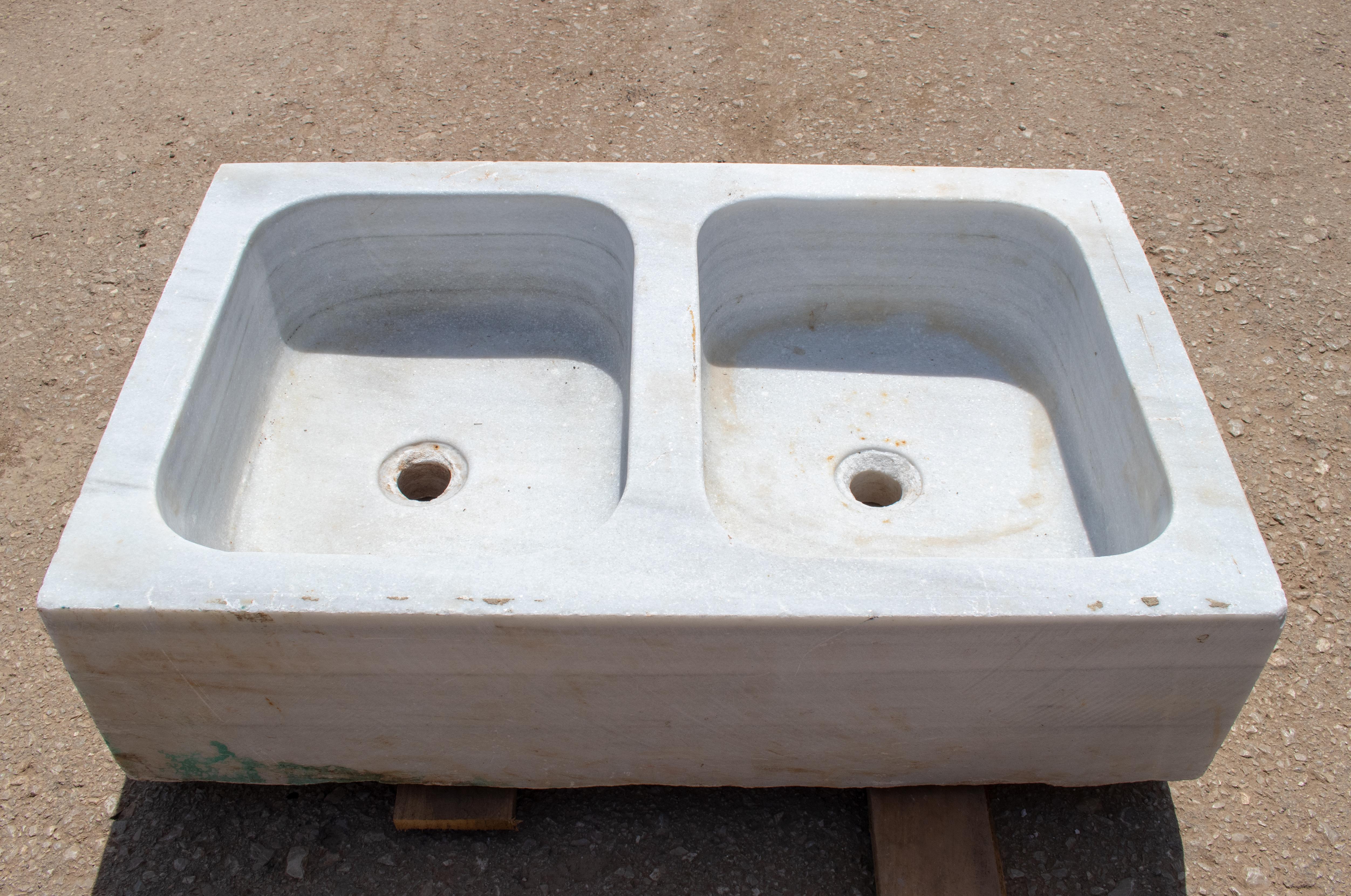 Spanish 19th Century Antique Hand Carved White Marble Double Basin Kitchen Sink