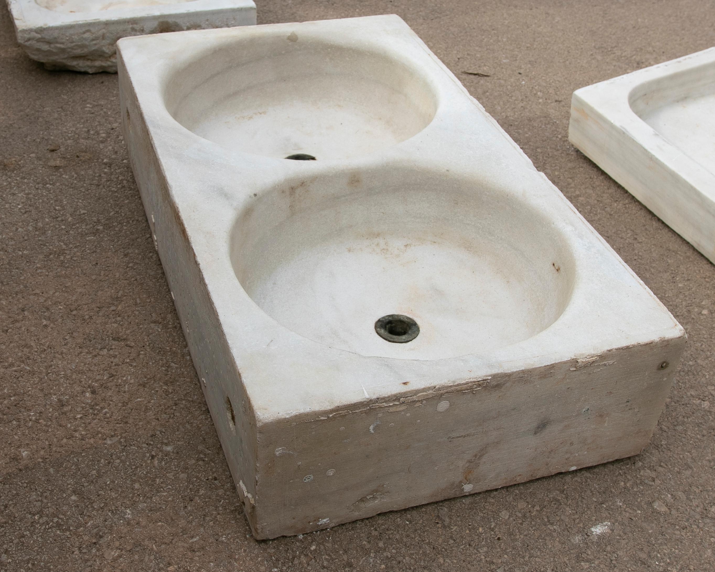 Spanish 19th Century Antique Hand Carved White Marble Double Basin Kitchen Sink For Sale