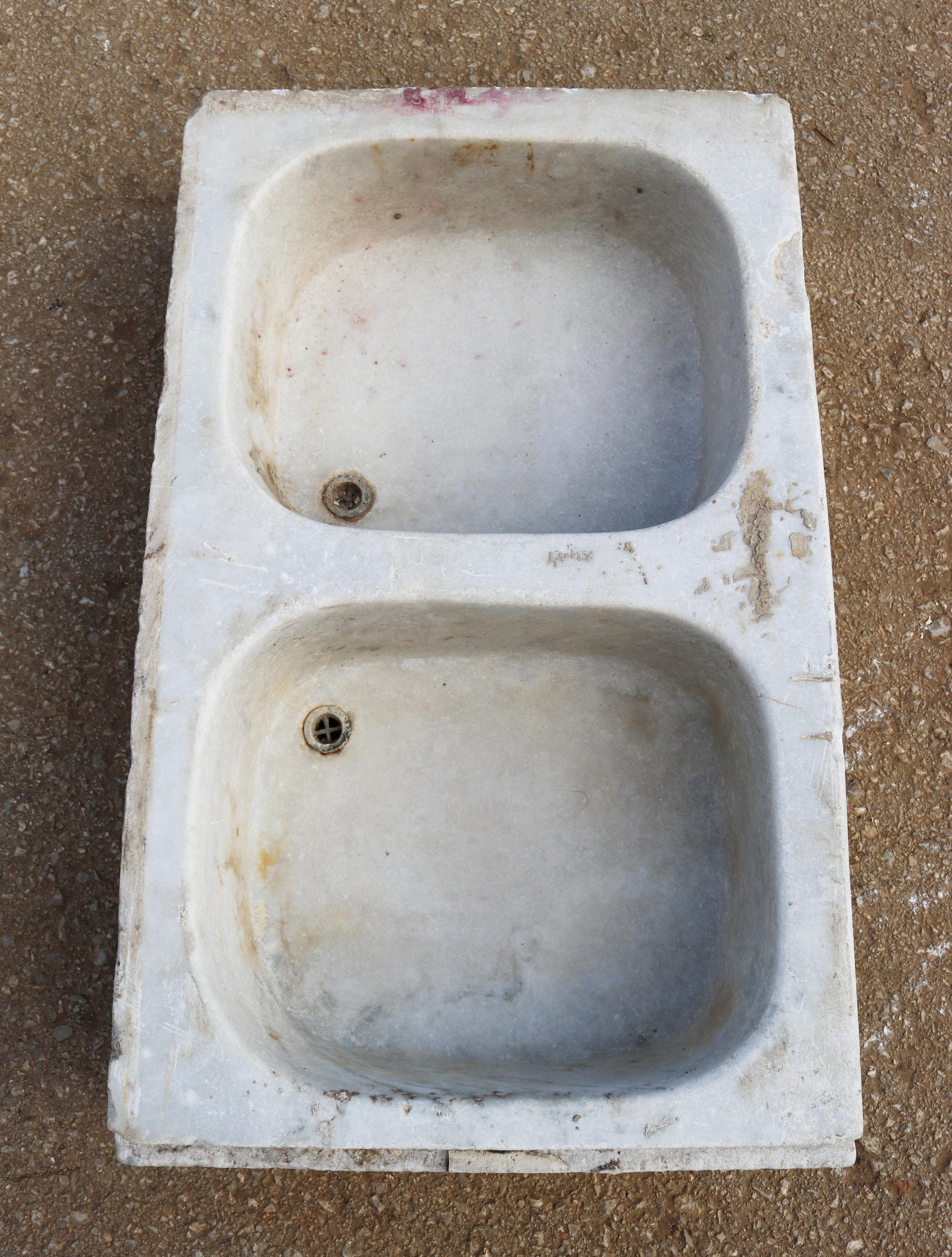 Spanish 19th Century Antique Hand Carved White Marble Double Basin Kitchen Sink For Sale