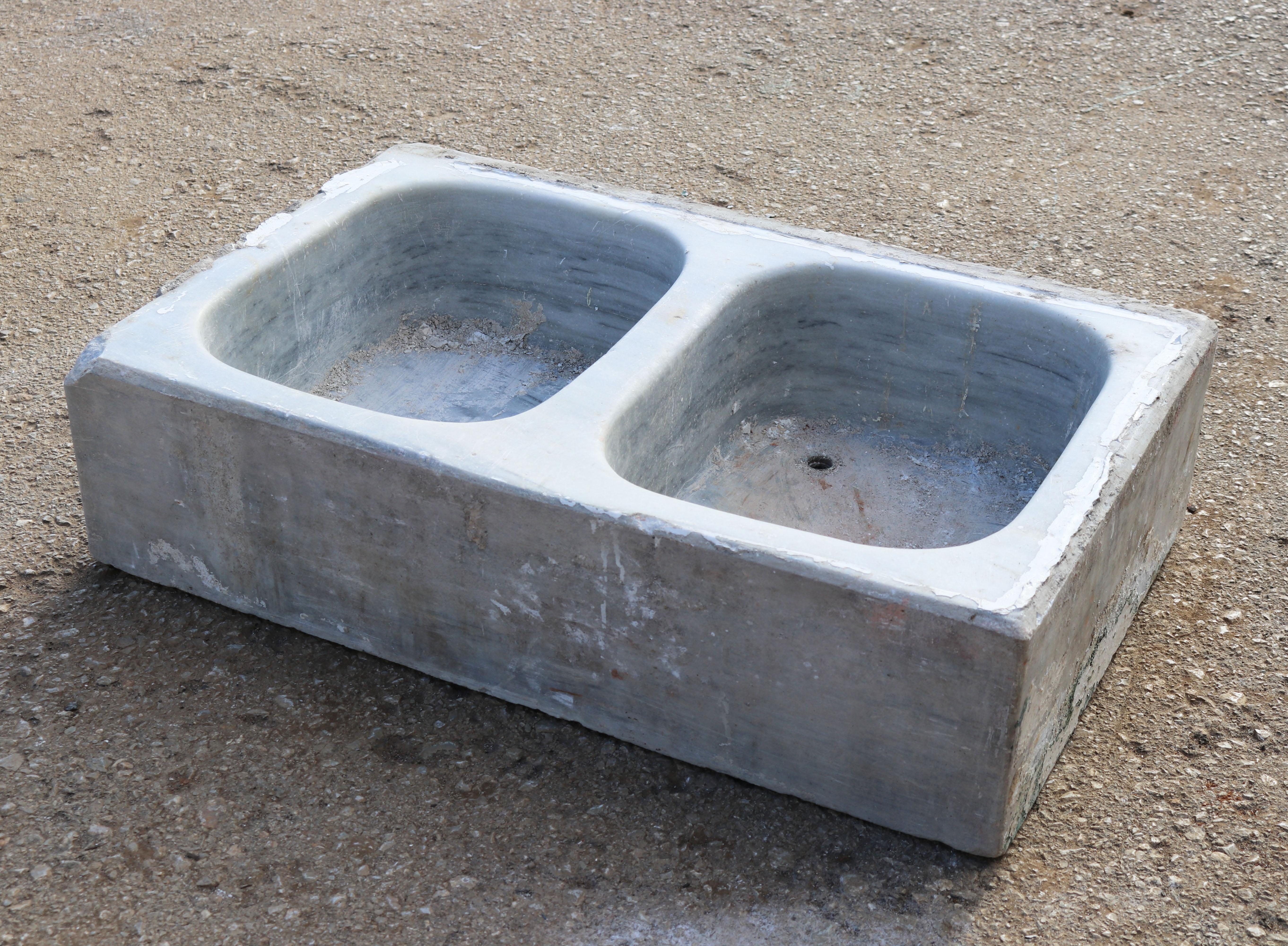 Spanish 19th Century Antique Hand Carved White Marble Double Basin Kitchen Sink For Sale