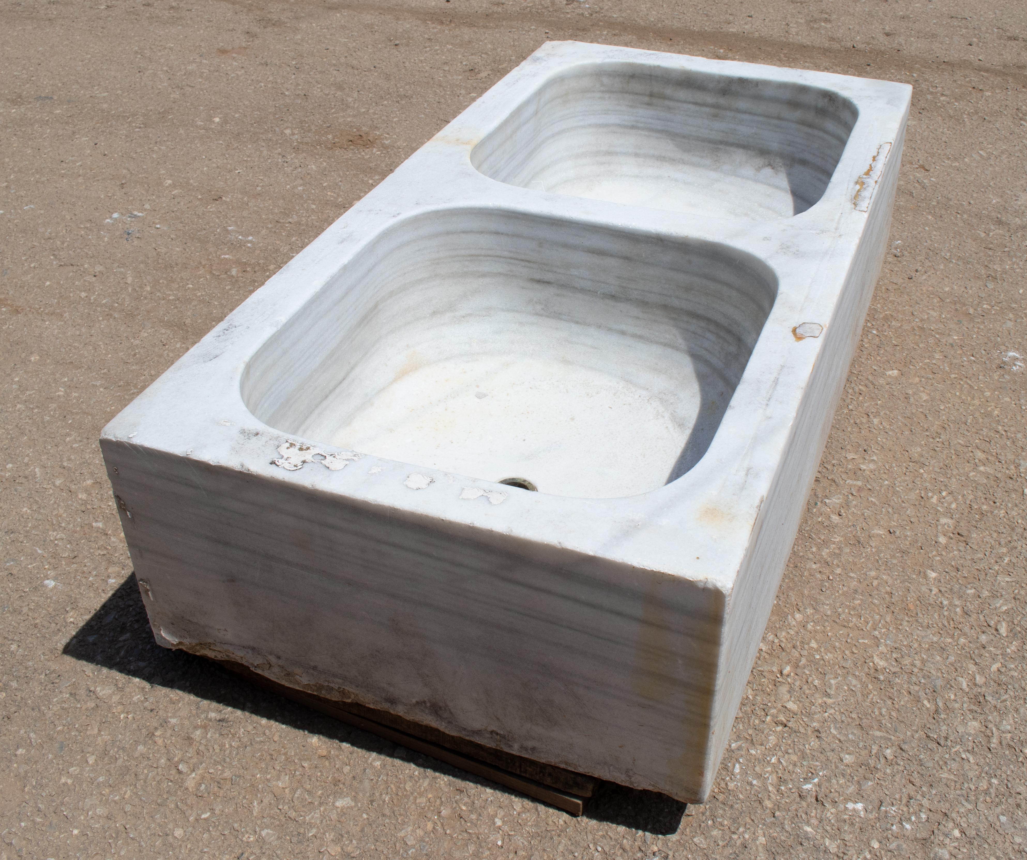 19th Century Antique Hand Carved White Marble Double Basin Kitchen Sink 2