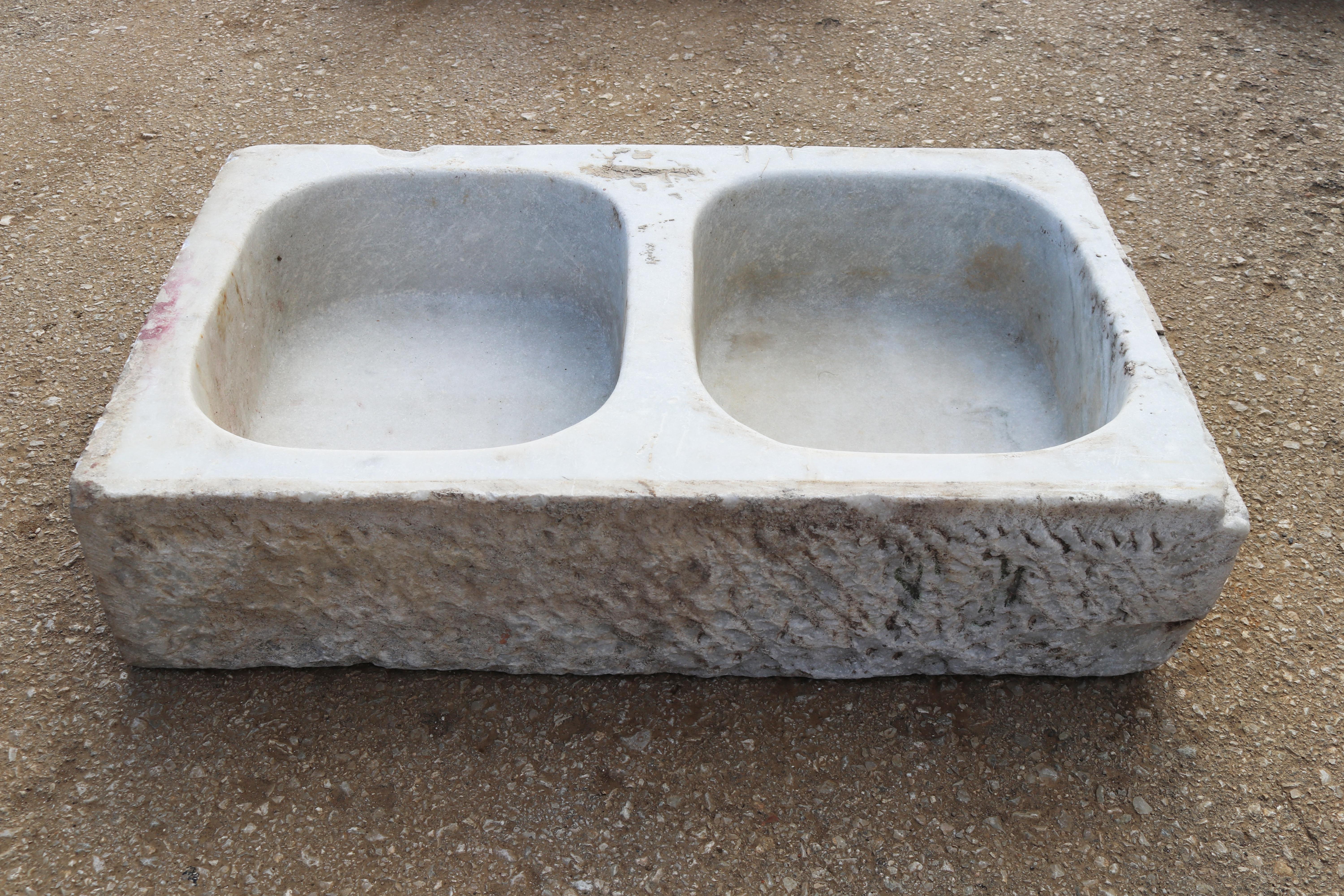 Hand-Carved 19th Century Antique Hand Carved White Marble Double Basin Kitchen Sink For Sale