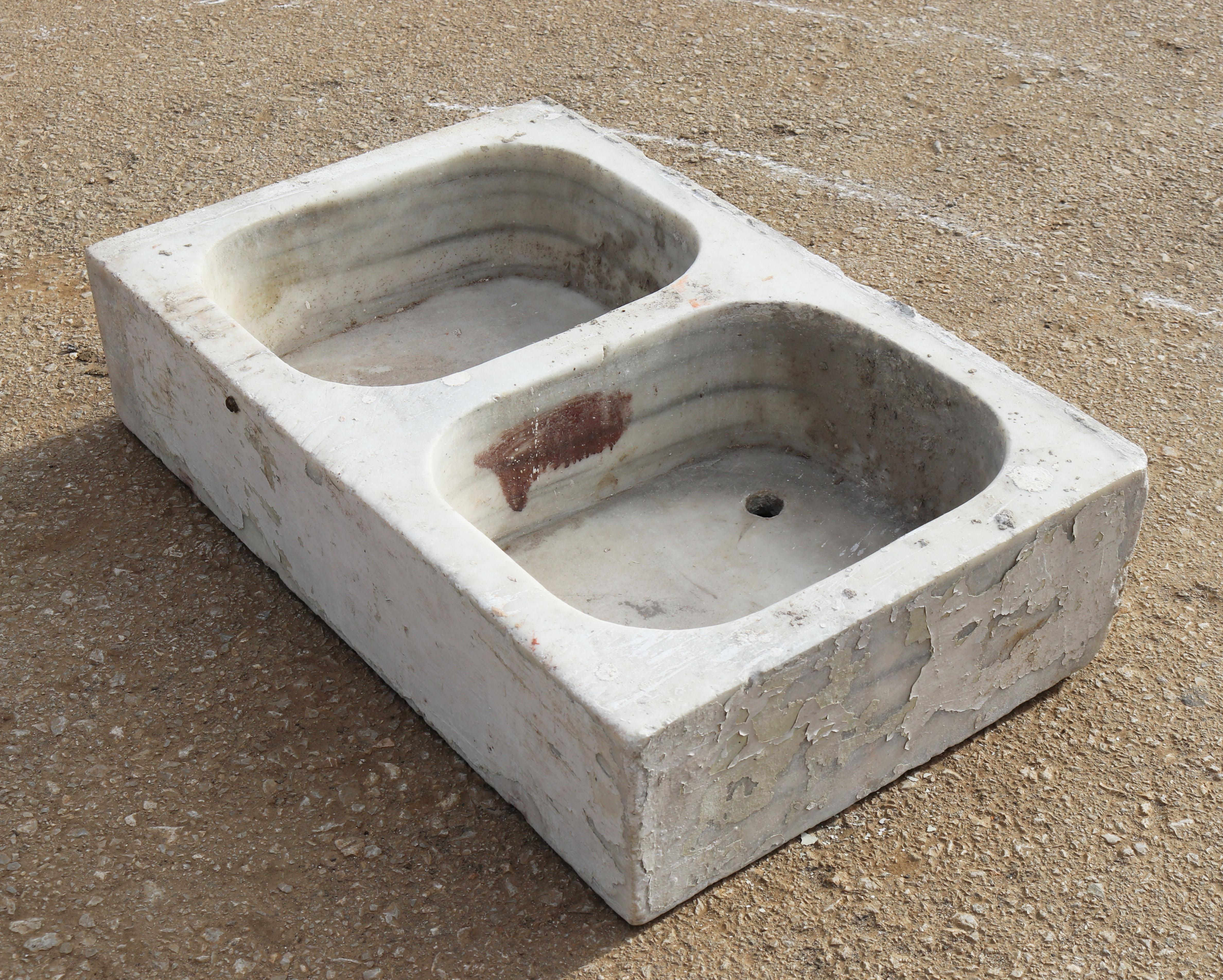 19th Century Antique Hand Carved White Marble Double Basin Kitchen Sink 2