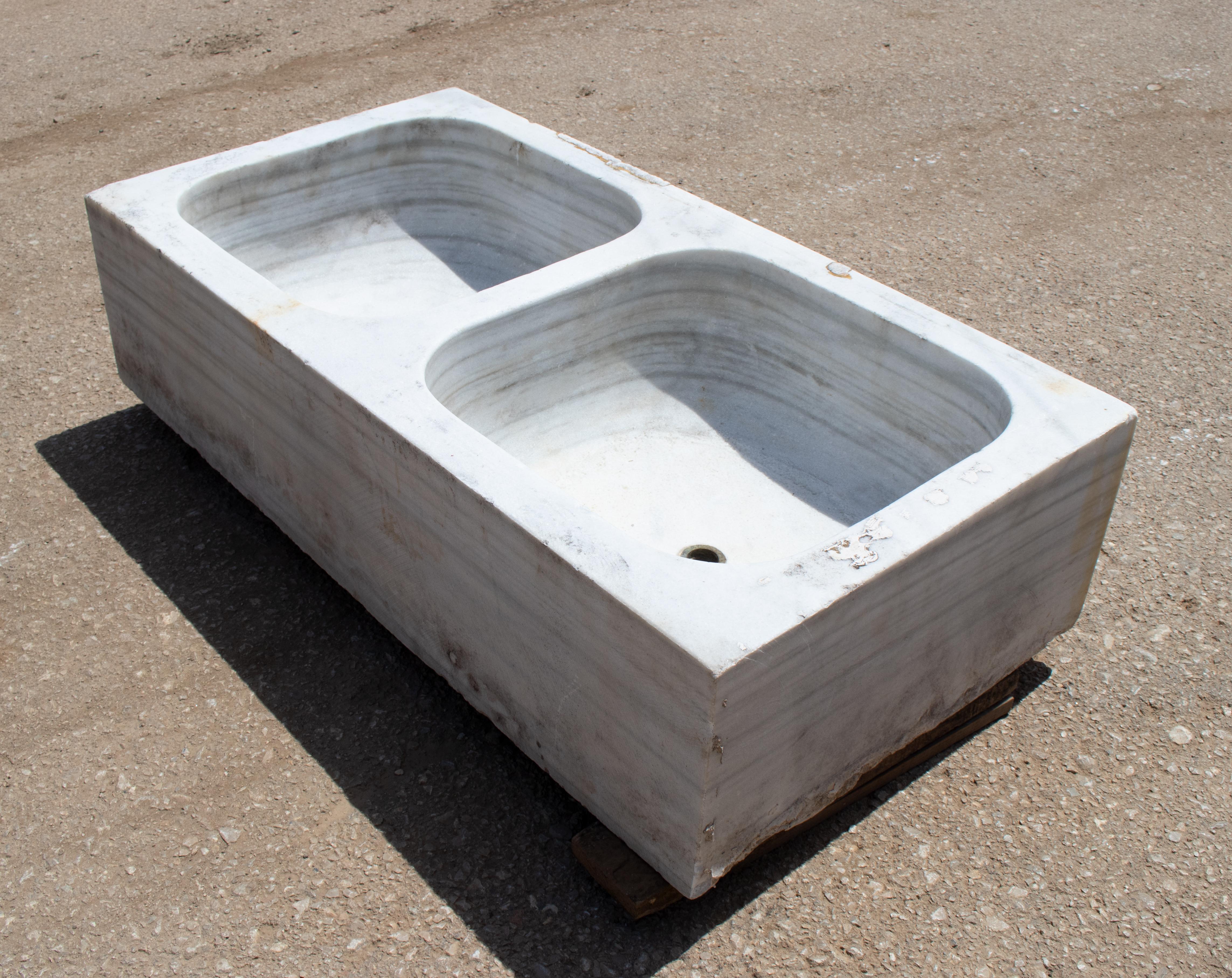 19th Century Antique Hand Carved White Marble Double Basin Kitchen Sink 3