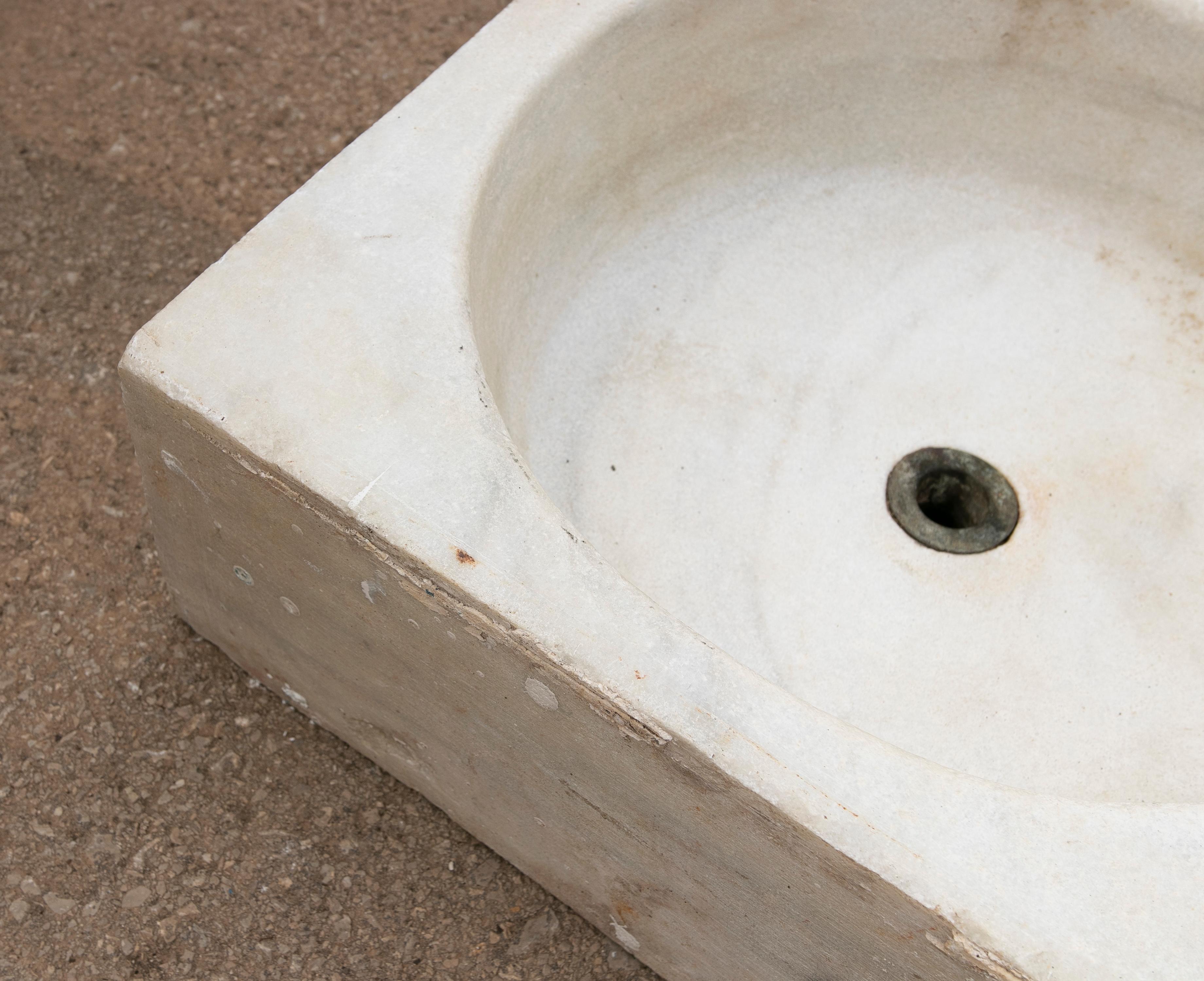 Mid-19th Century 19th Century Antique Hand Carved White Marble Double Basin Kitchen Sink For Sale