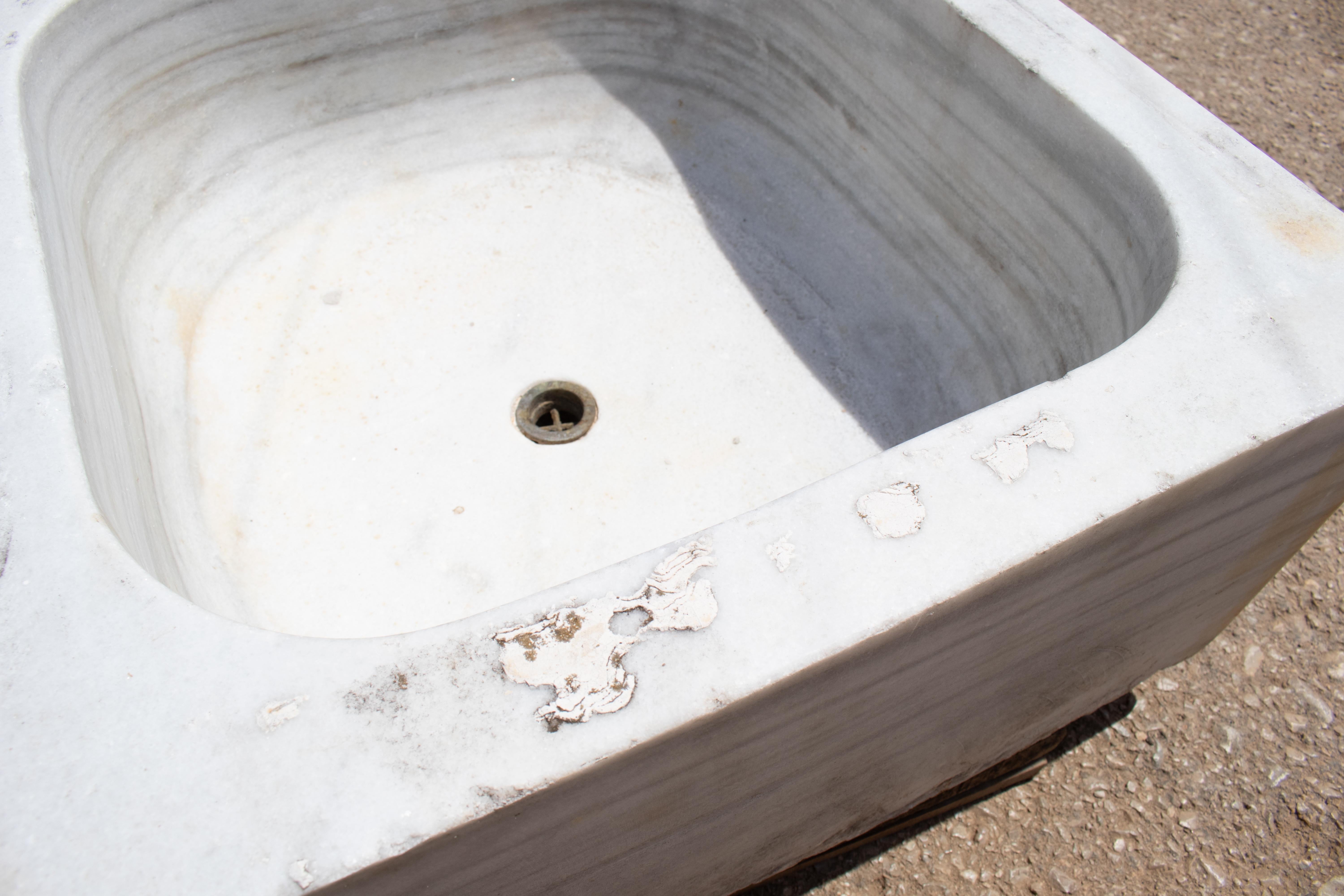 19th Century Antique Hand Carved White Marble Double Basin Kitchen Sink 4