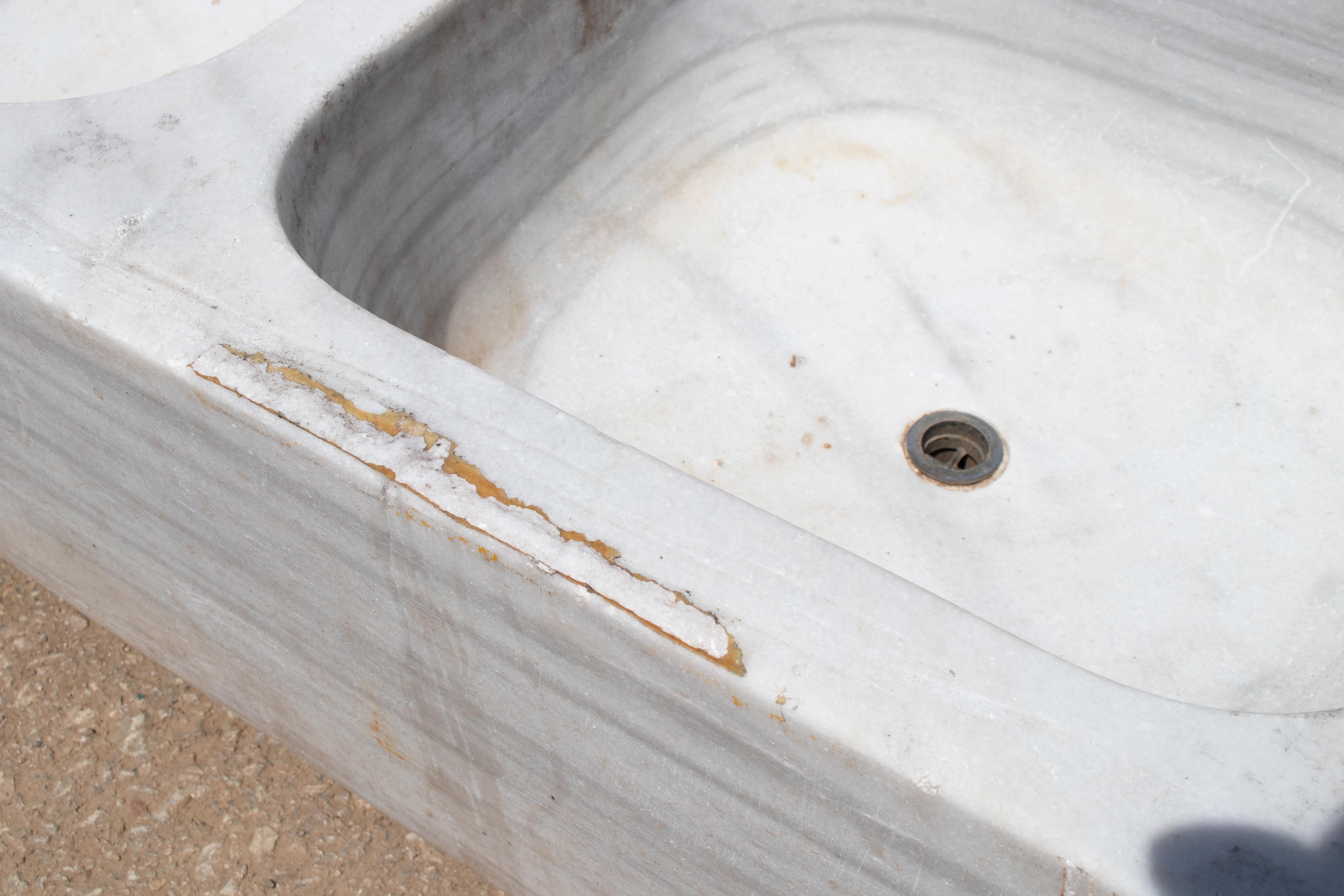 19th Century Antique Hand Carved White Marble Double Basin Kitchen Sink 5