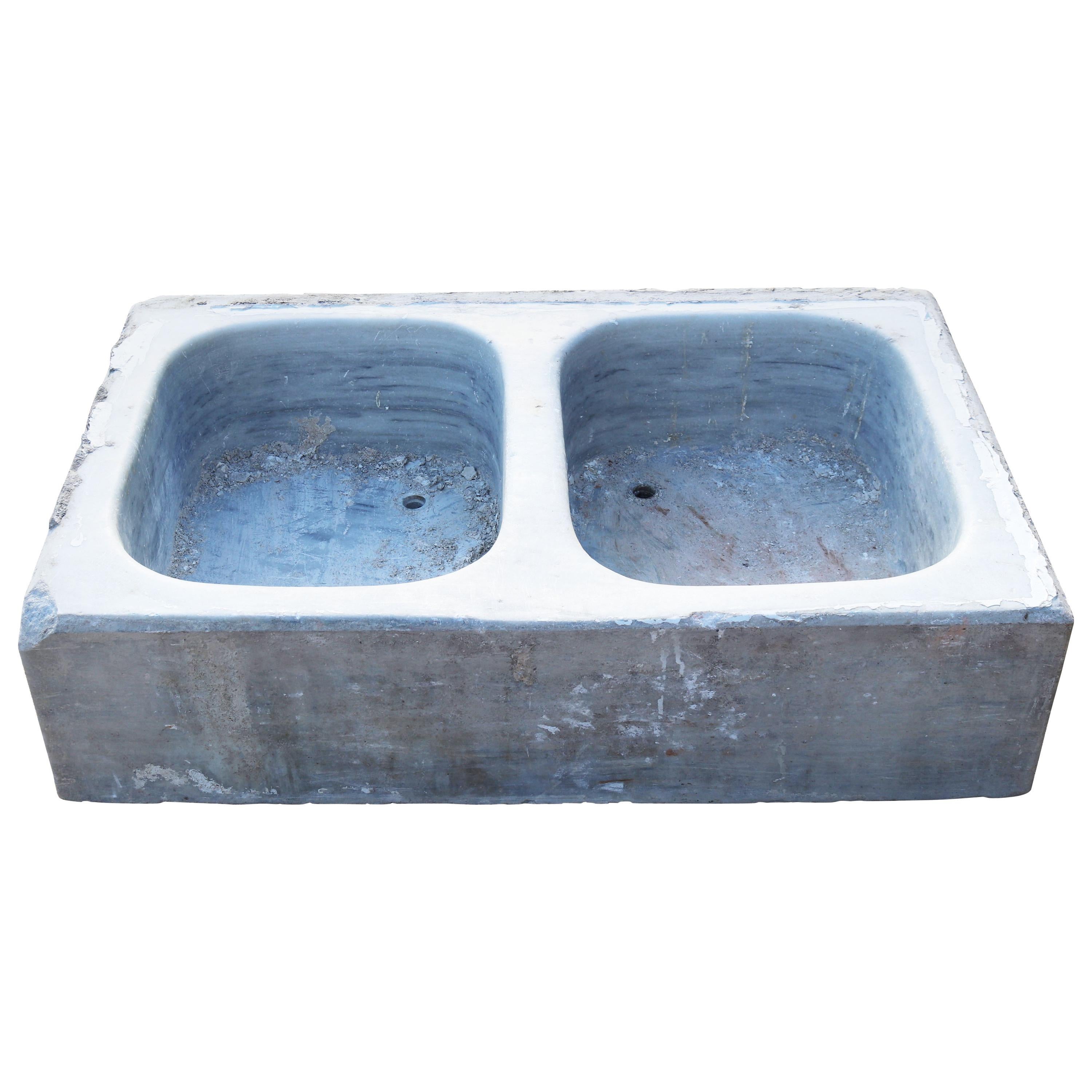19th Century Antique Hand Carved White Marble Double Basin Kitchen Sink