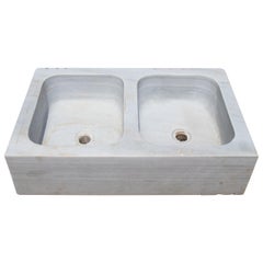 19th Century Antique Hand Carved White Marble Double Basin Kitchen Sink