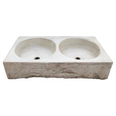 19th Century Antique Hand Carved White Marble Double Basin Kitchen Sink