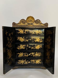 19th Century 22.75'' Antique Hand Painted Chinese Lacquer Table Jewelry Cabinet