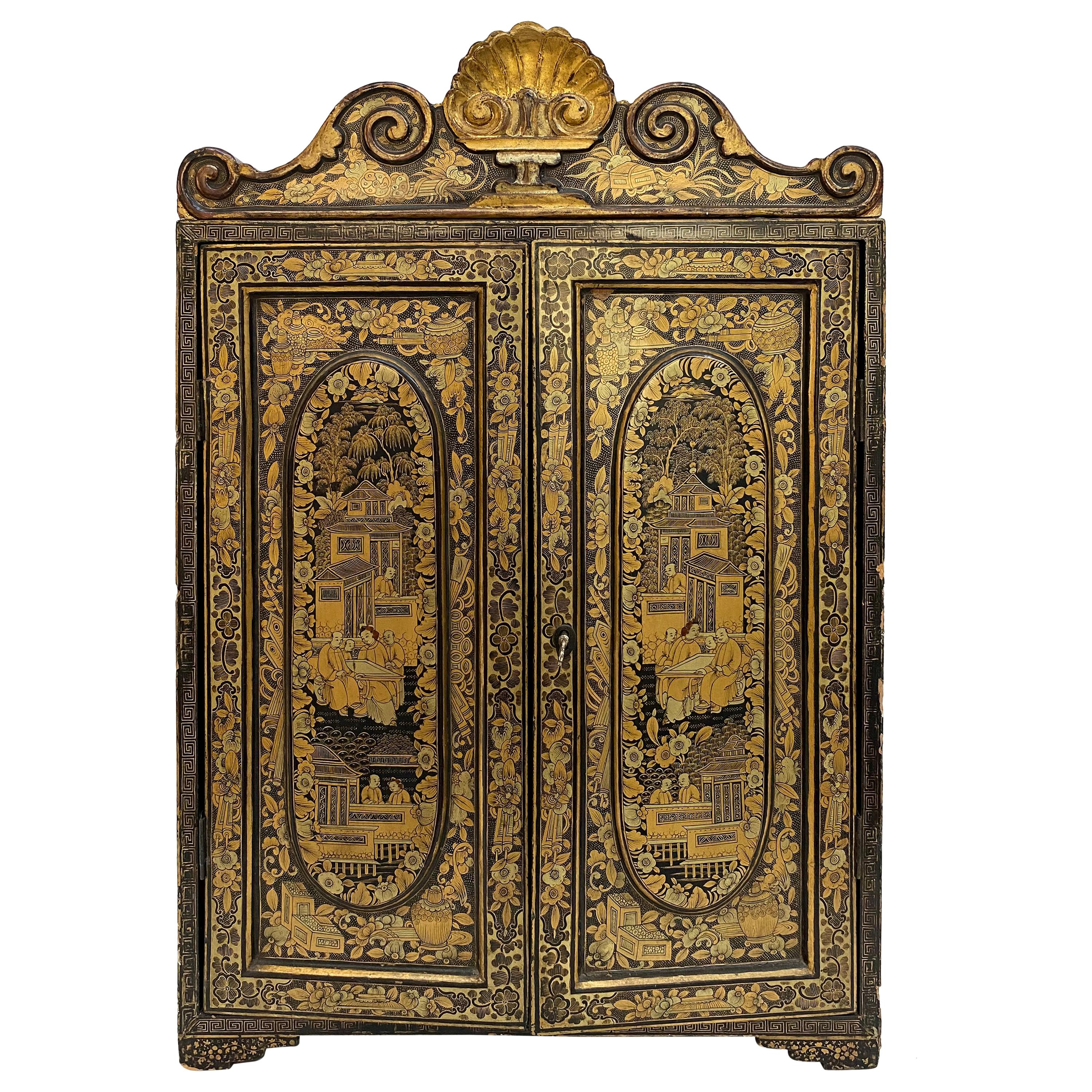 19th Century 22.75

 Antique Hand Painted Chinese Lacquer Table Jewelry Cabinet