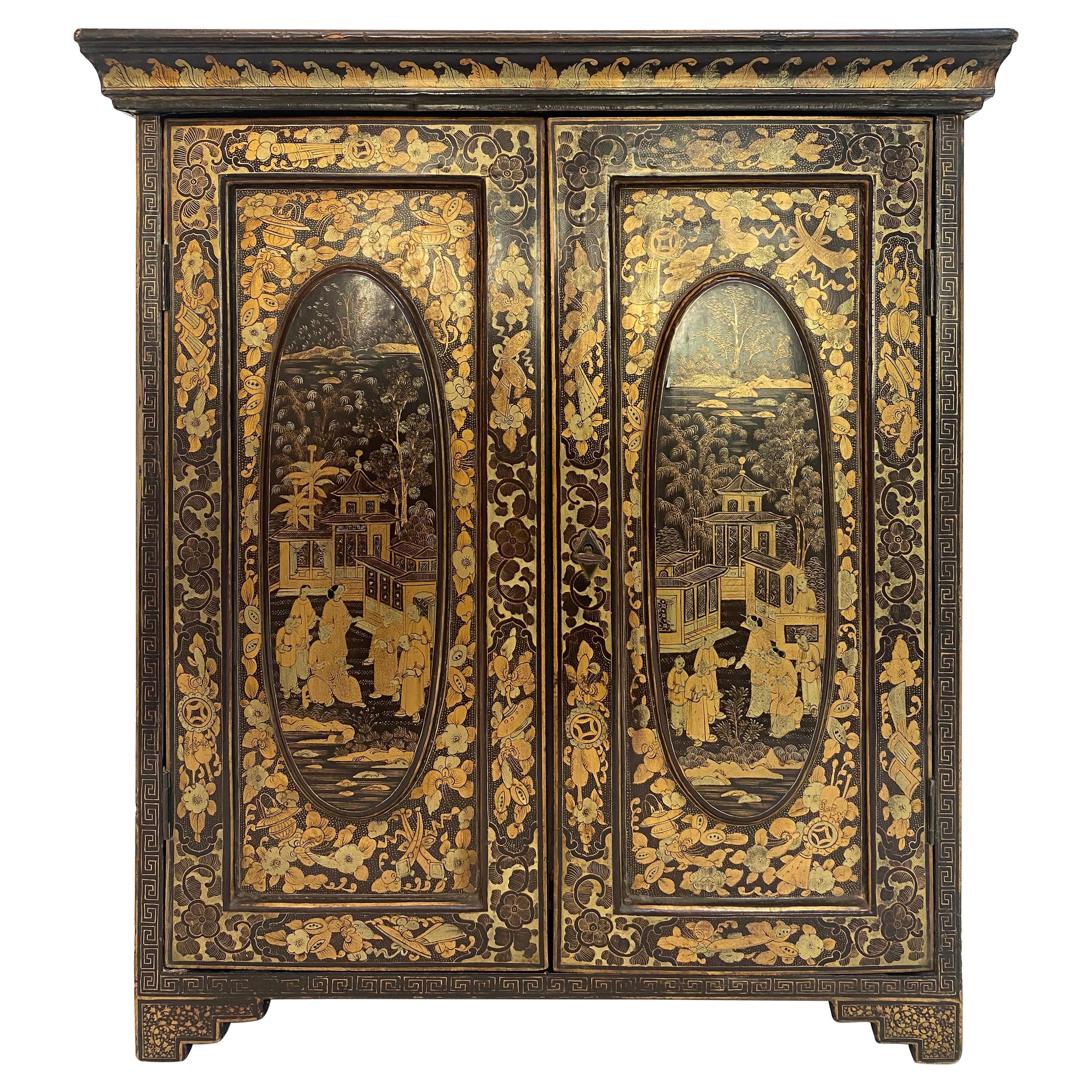 19th Century Antique Hand Painted Chinese Lacquer Table Jewelry Cabinet For Sale
