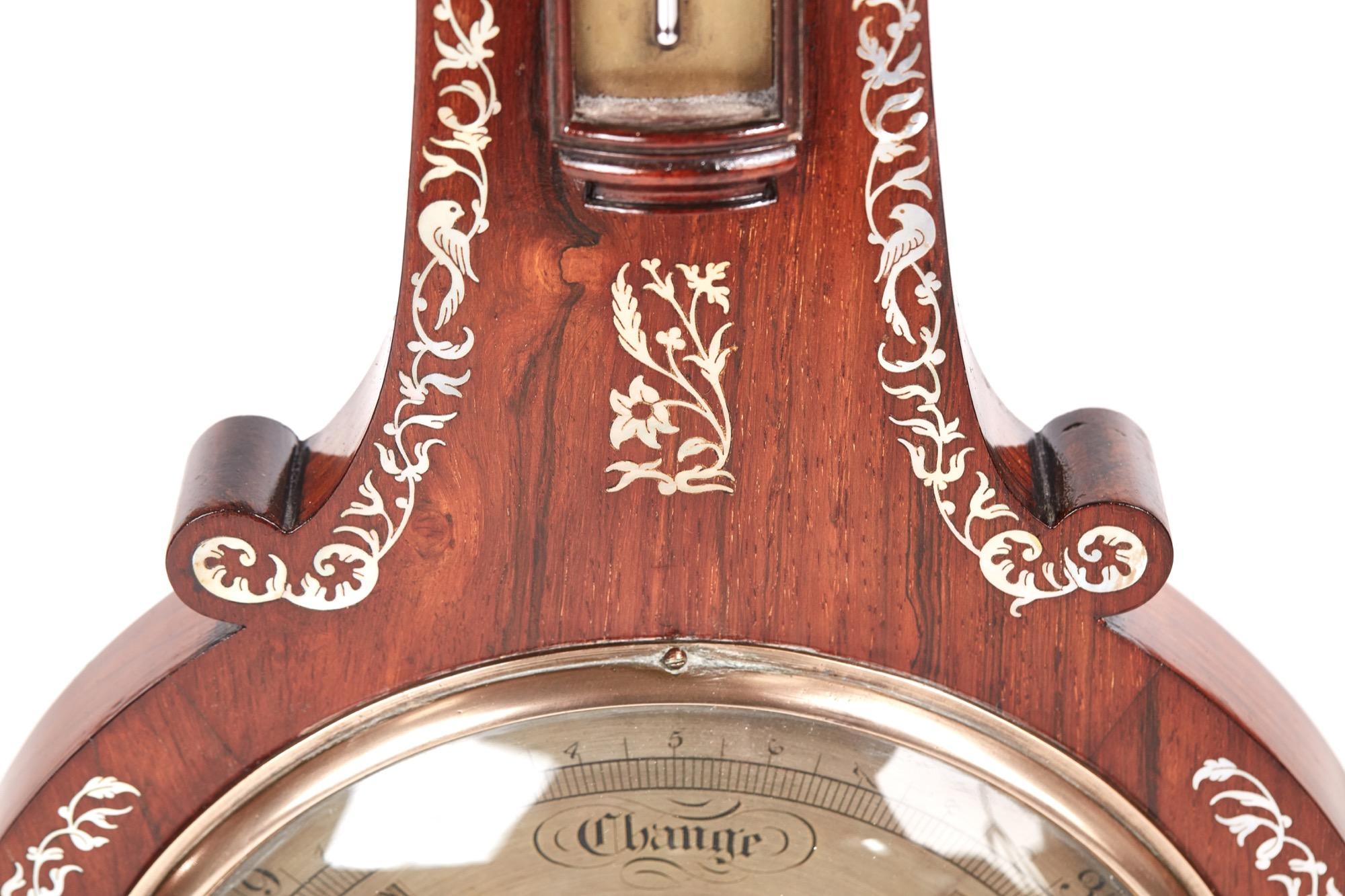 English 19th Century Antique Hardwood Inlaid Banjo Barometer For Sale